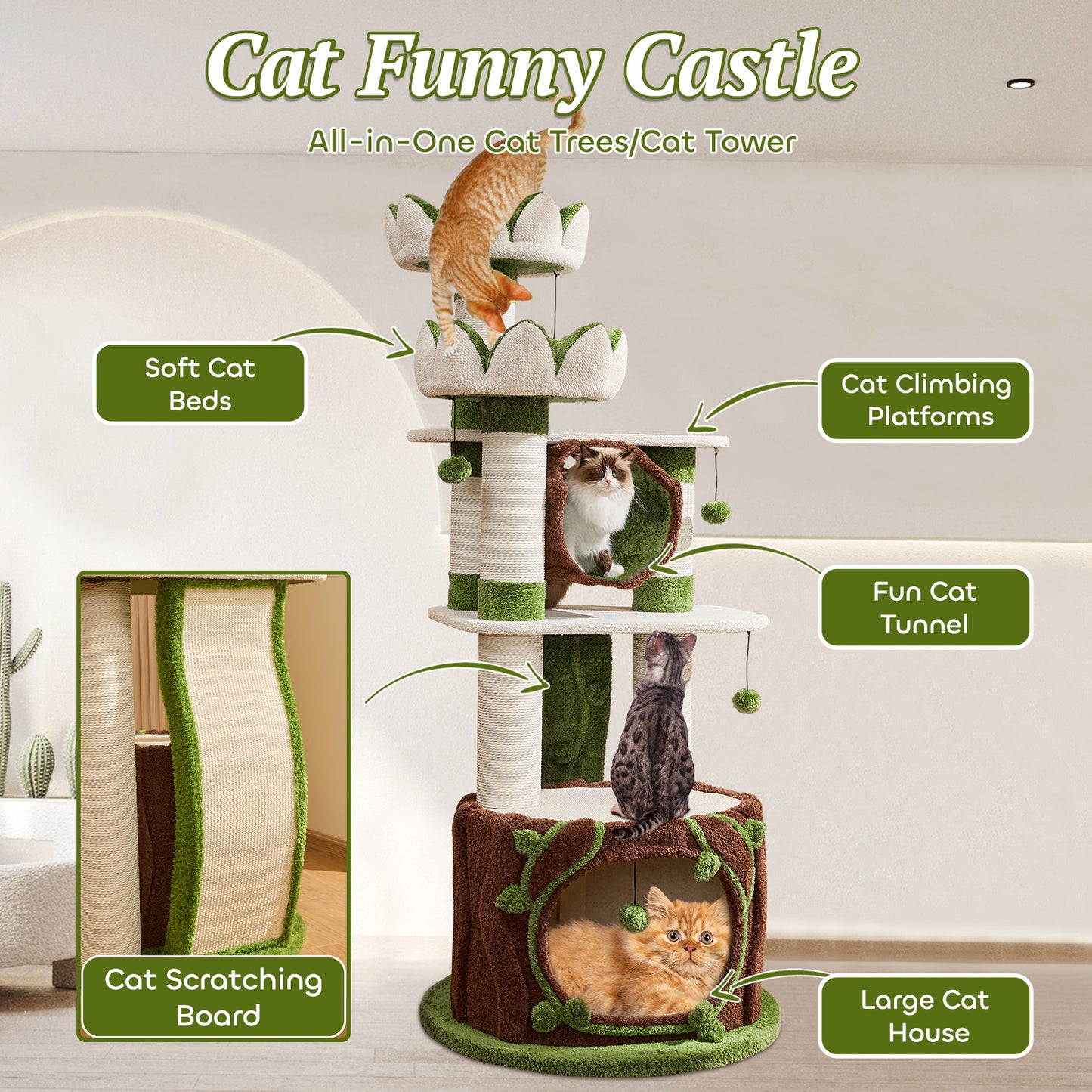 73" Deluxe Lotus Cat Tree for Indoor Adult Cats up to 20 lbs, XXL Heavy Duty Base Cat Furniture with Large Apartment, Bed, Tunnel, Scratching Post, Large Platform