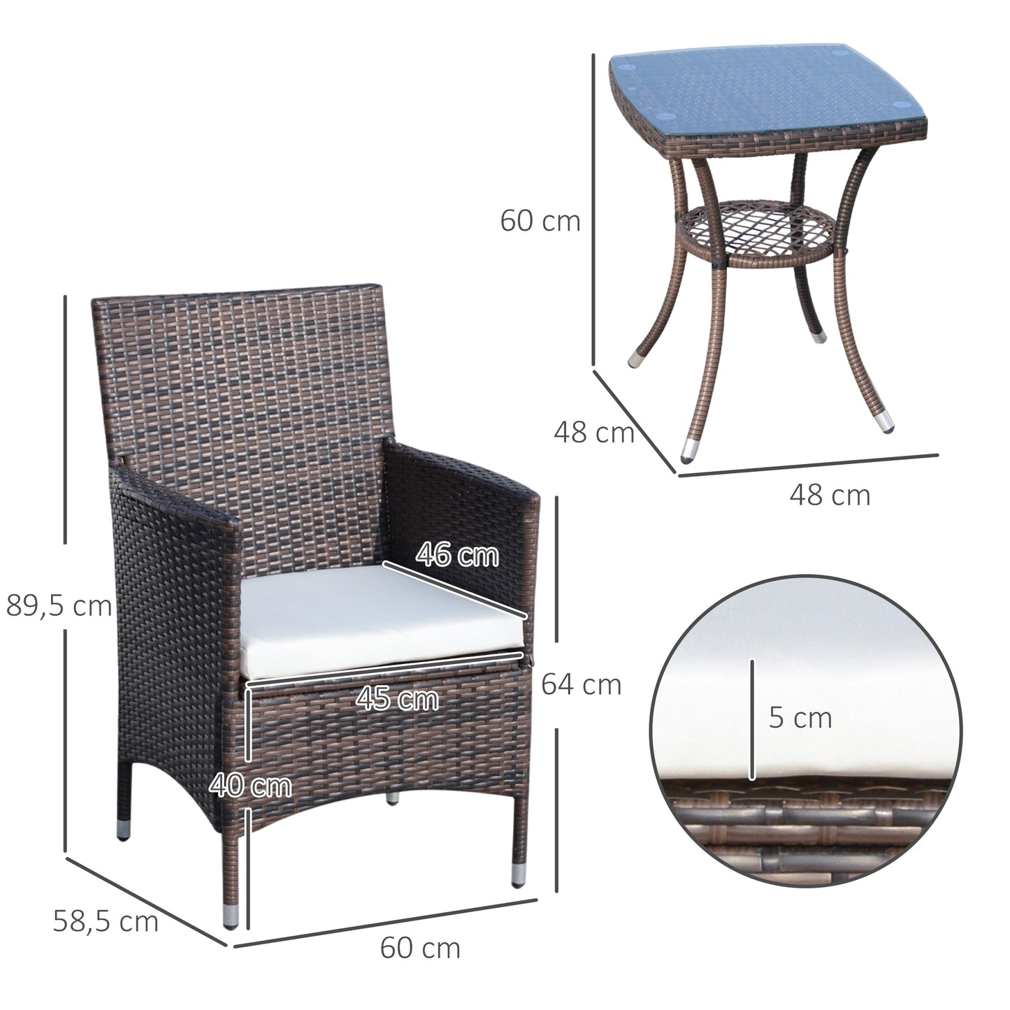 Balcony furniture set, foldable rattan set with seat cushions, brown, 60 x 58.5 x 89.5 cm, for garden and balcony