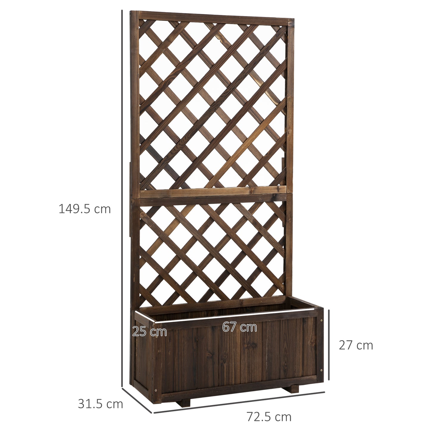 The raised bed comes with a wooden trellis flower box and measures 72.5x31.5x149.5 cm, perfect for climbing plants and roses in the garden