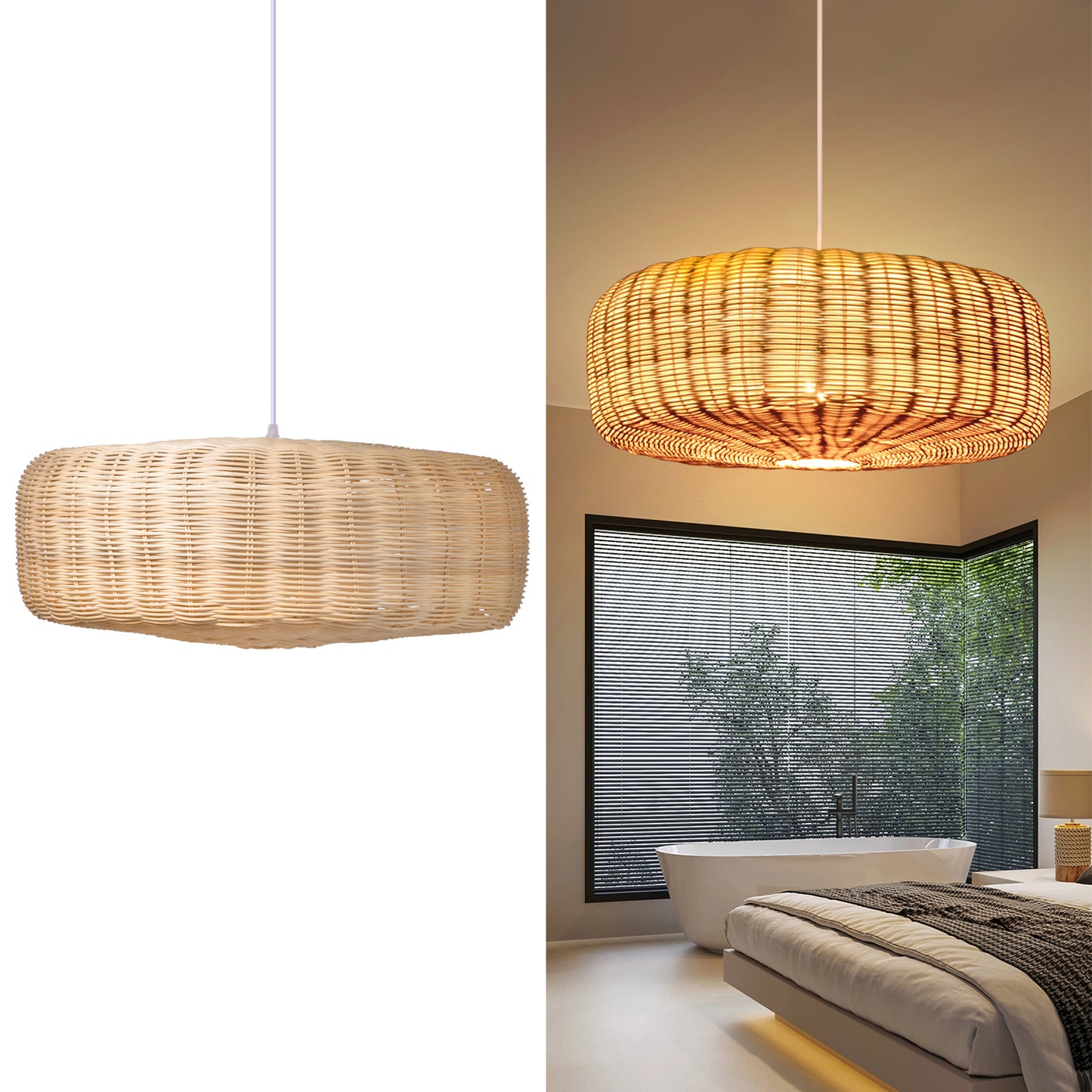 (Q)19.68 Inch Rattan Pendant Light, Bohemian Nest Shaped Lampshade Rattan Pendant Light, Suitable for Bedrooms, Living Rooms, Kitchens, Islands