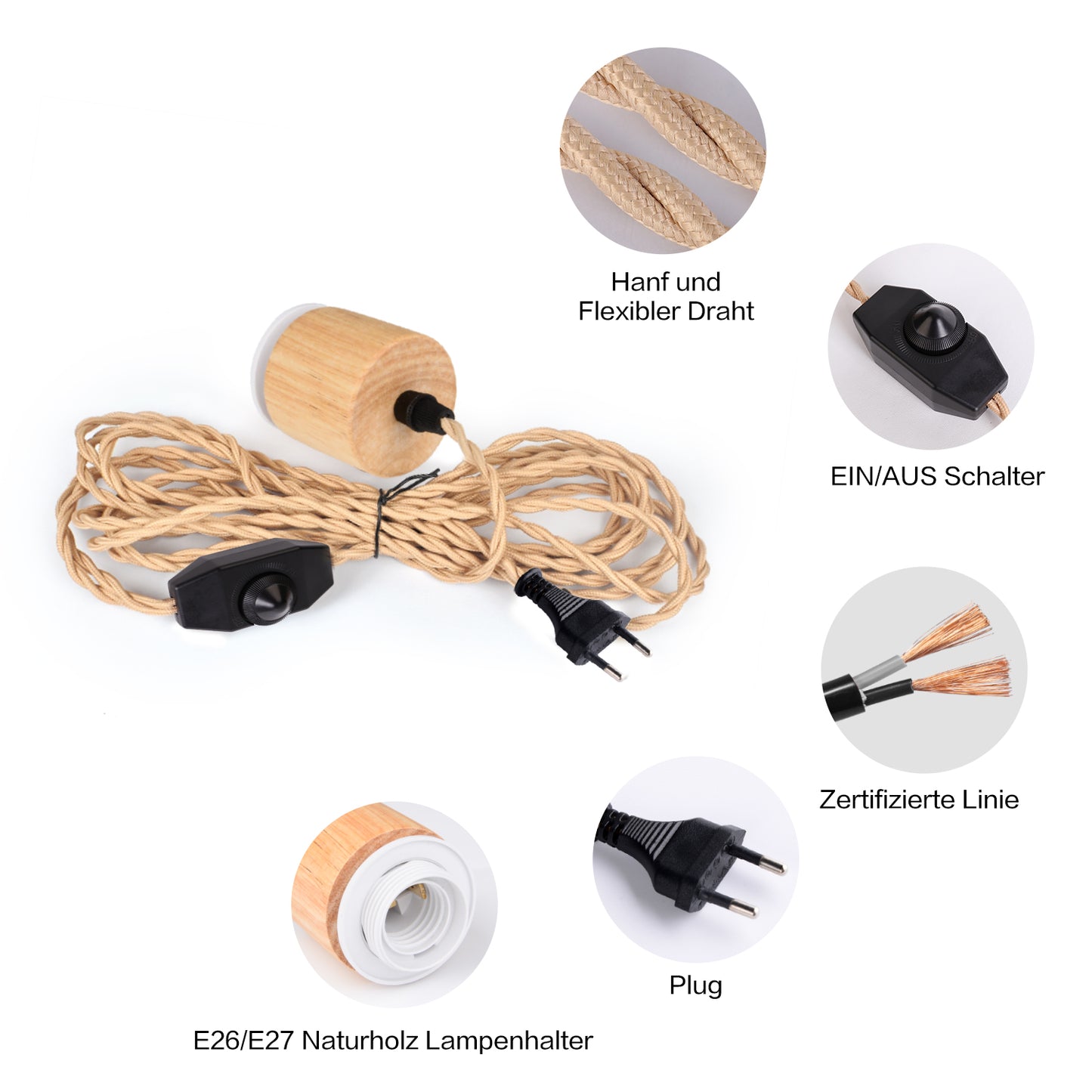 (M)Pendant Light Cord - Hanging Light Kit with Dimmable Switch Vintage Lamp Cord with Twisted Nylon Lights Socket E26 E27 for Farmhouse Lamp Cable DIY (9.8FT/16.4FT/32.8FT, Cylinder Shape)