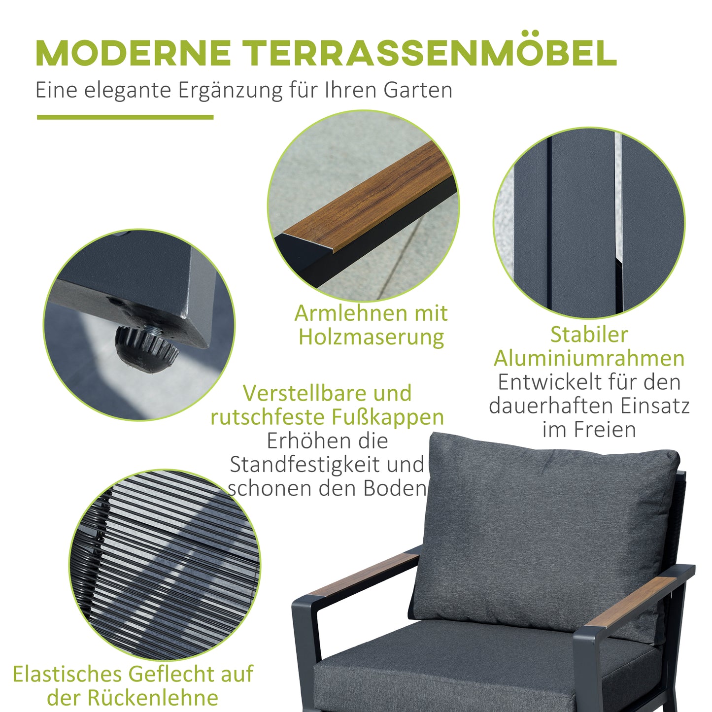 Garden furniture set for 4 people, sofa with armchair and side table, poly rattan and aluminum, grey, weatherproof and modern