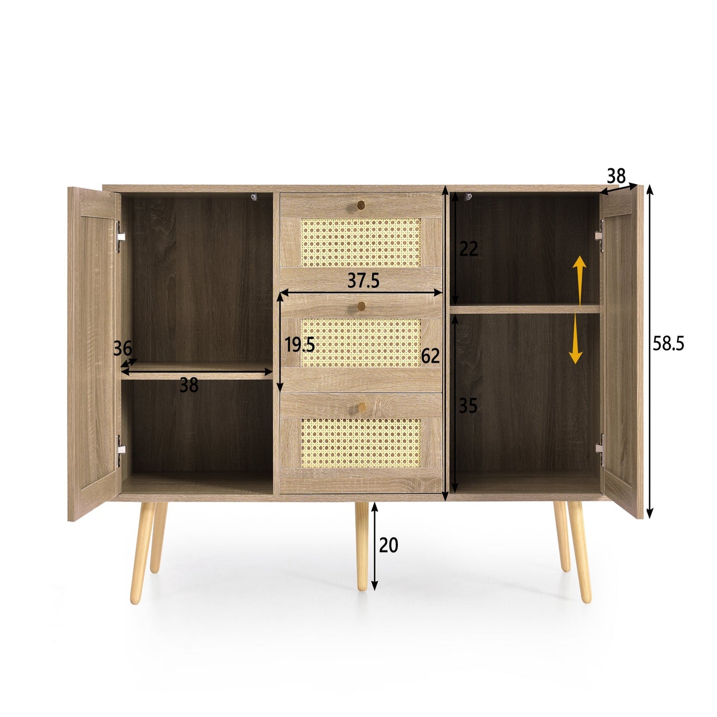 (Z)Rattan Sonoma oak chest of drawers with 2 doors 3 drawers,adjustable shelf,solid wood feet