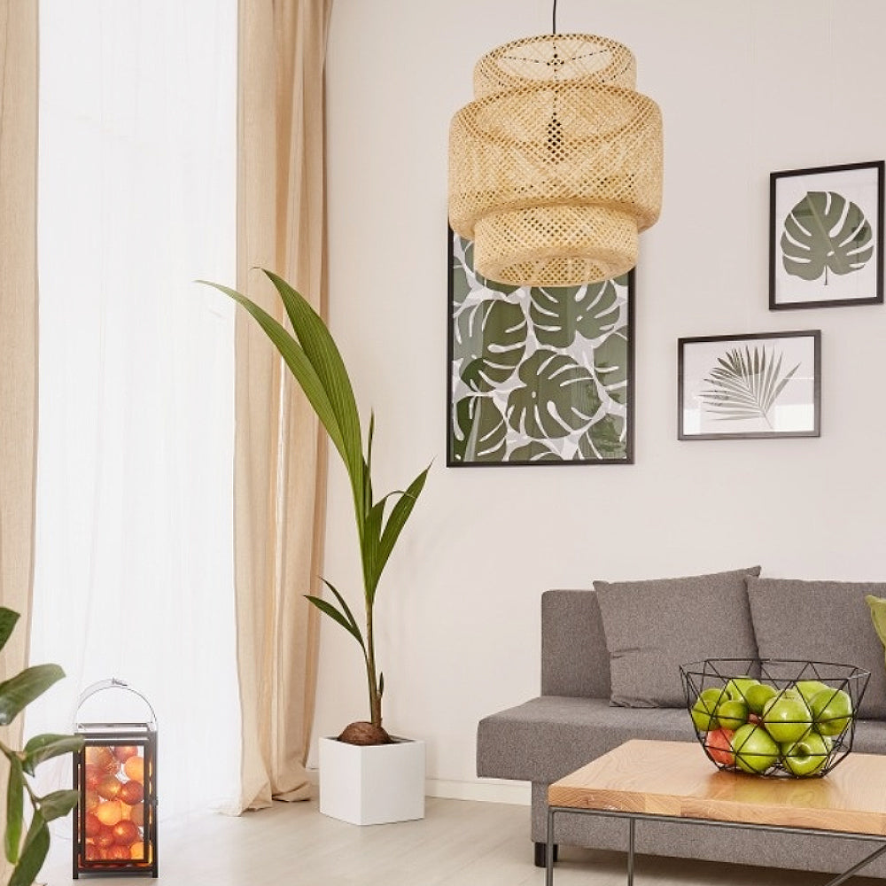 (M)Bamboo Pendant Lighting Drum Handmade Lampshade Fixture for Living Room