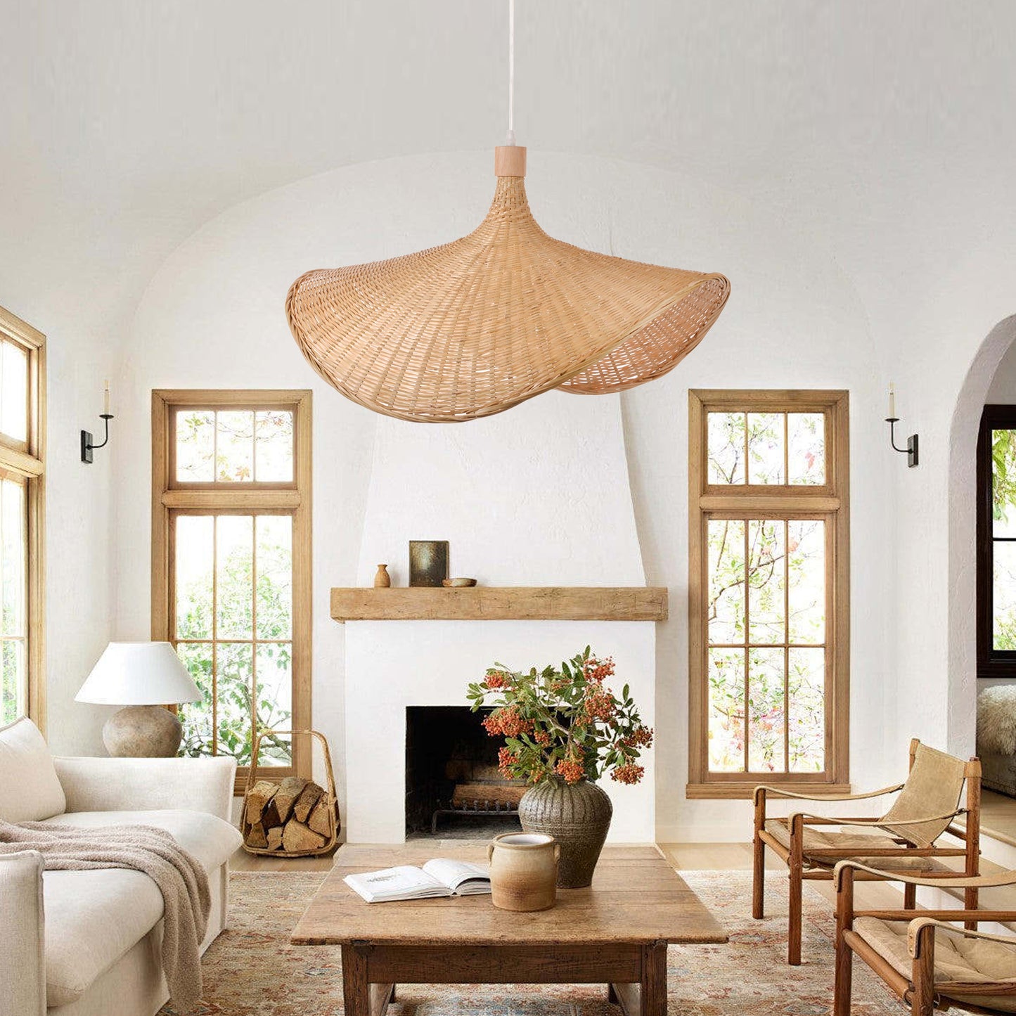 (Q)Handmade Bamboo Pendant Light, Bohemian Style Bamboo Fan Lampshade Pendant Light, Suitable for Kitchen, Living Room, Bedroom