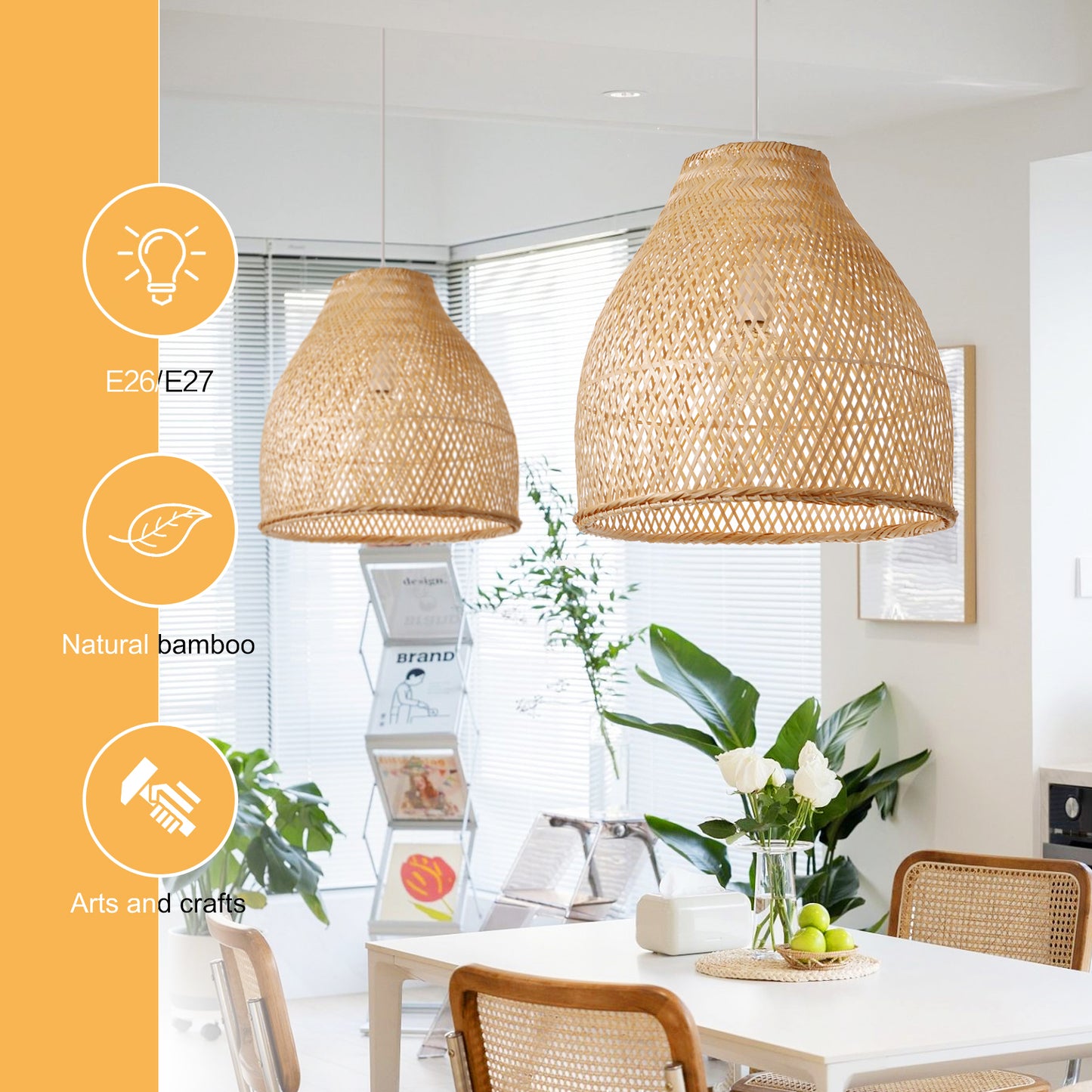 (Q)Handmade Woven Bamboo Pendant Light,Bohemian Style Cage Lampshade Pendant Light, Suitable for Restaurants,Bedrooms, Farmhouses