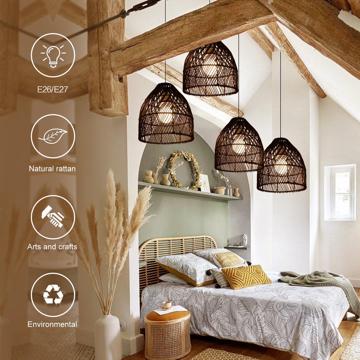 (Q)Handcrafted Rattan Decorative Pendant Light, Modern Industrial Style Black Rattan Pendant Light, Suitable for Restaurant Kitchen Islands