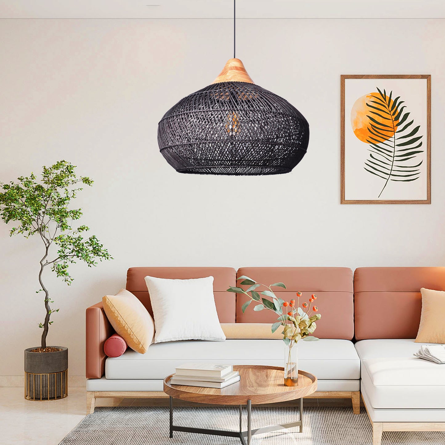 (X) Black Handcrafted Rattan Gourd Shaped Chandelier, Natural Modern Minimalist Lamps for Bedroom and Living Room