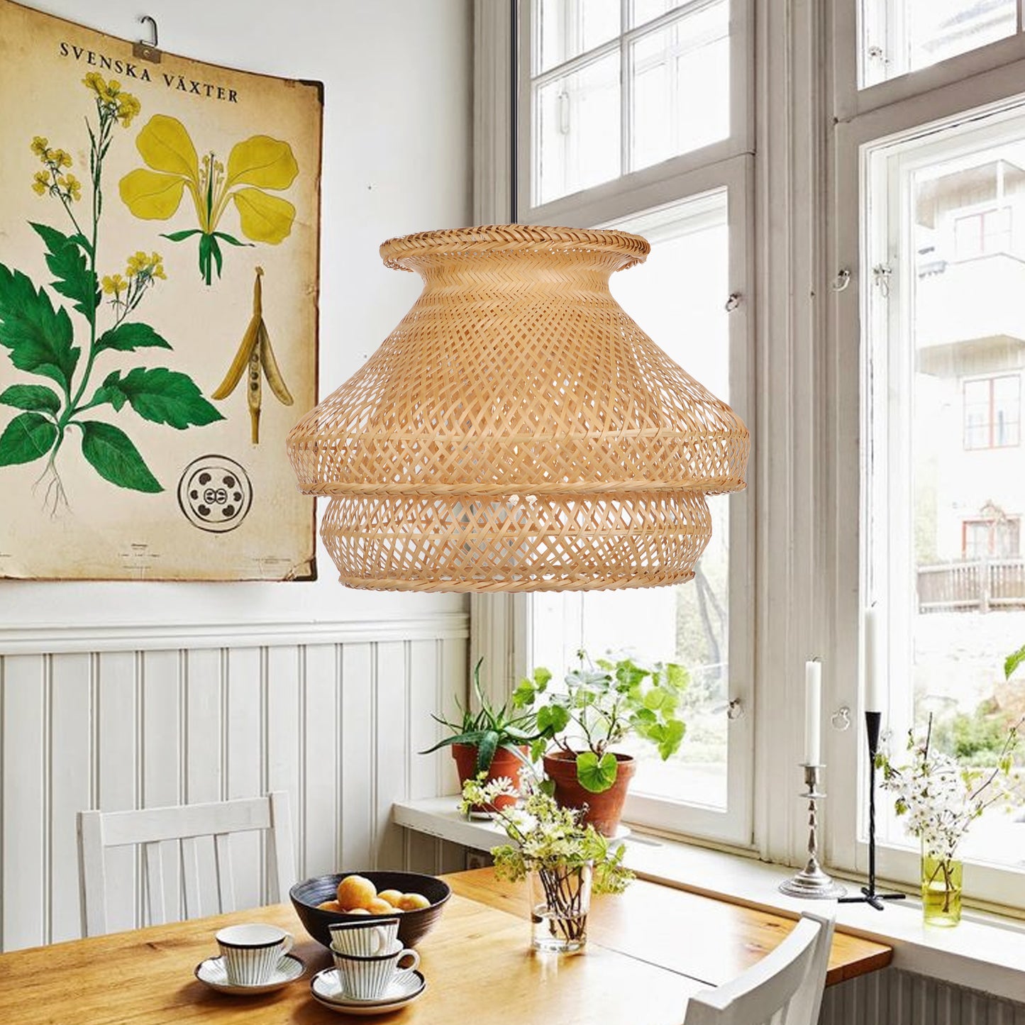 (Q)Handmade Rattan Pendant Light, Countryside Style Double-Layer Lampshade Pendant Light, Suitable for Bedrooms, Living Rooms, Kitchens