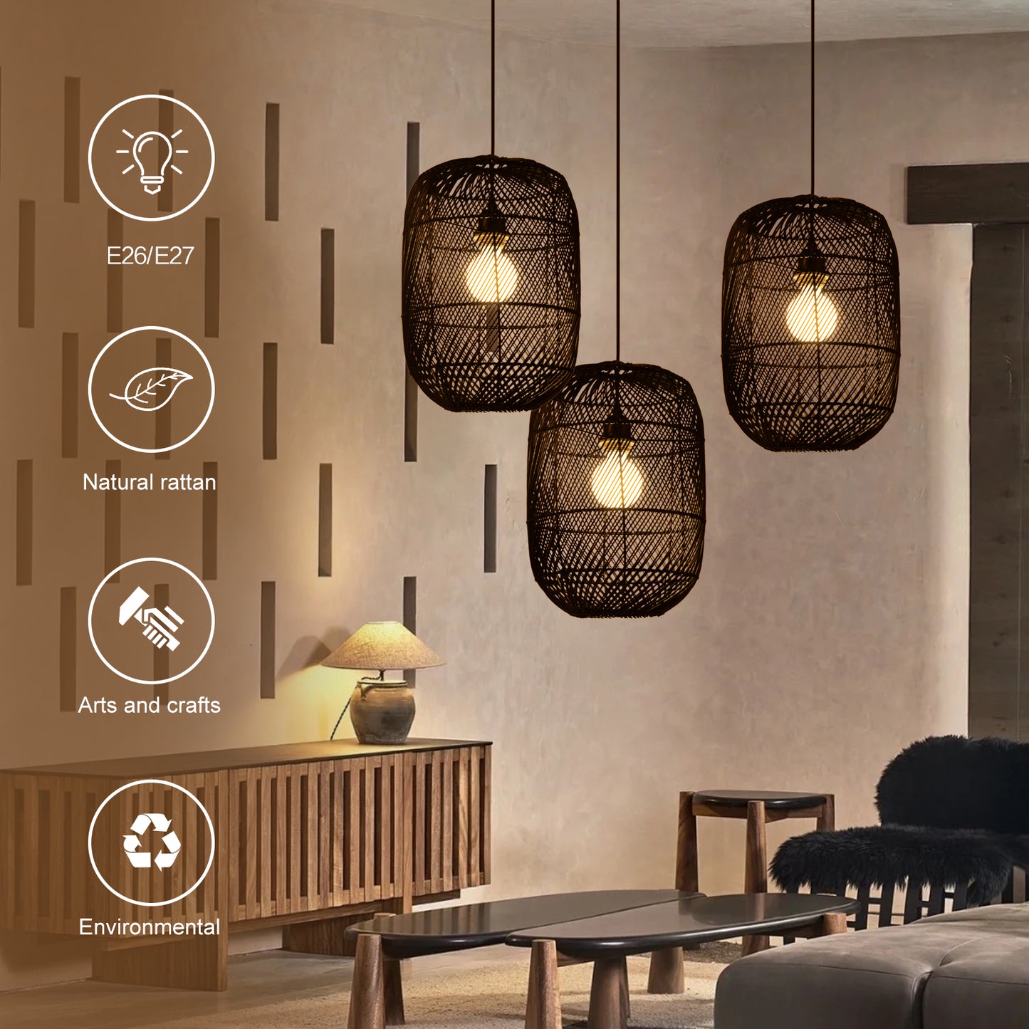 (Q)11.8 Inch Black Rattan Hand Woven Pendant Light, Bohemian Style Rattan Woven Pendant Light, Suitable for Bedrooms, Living Rooms, Kitchens