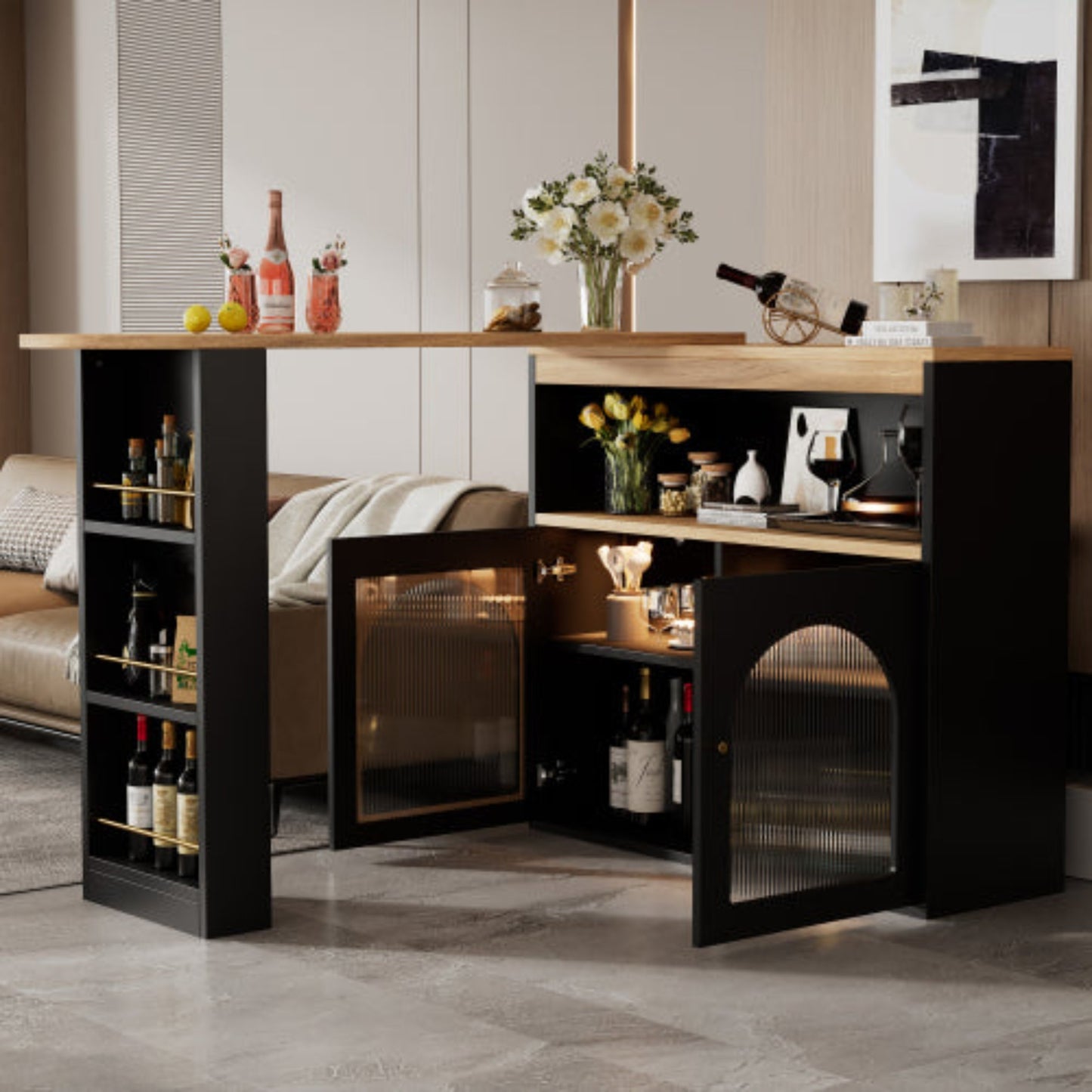 Black Modern Extendable Bar Table-Storage, Rotatable, LED Light, Dining,138-193x39x105cm