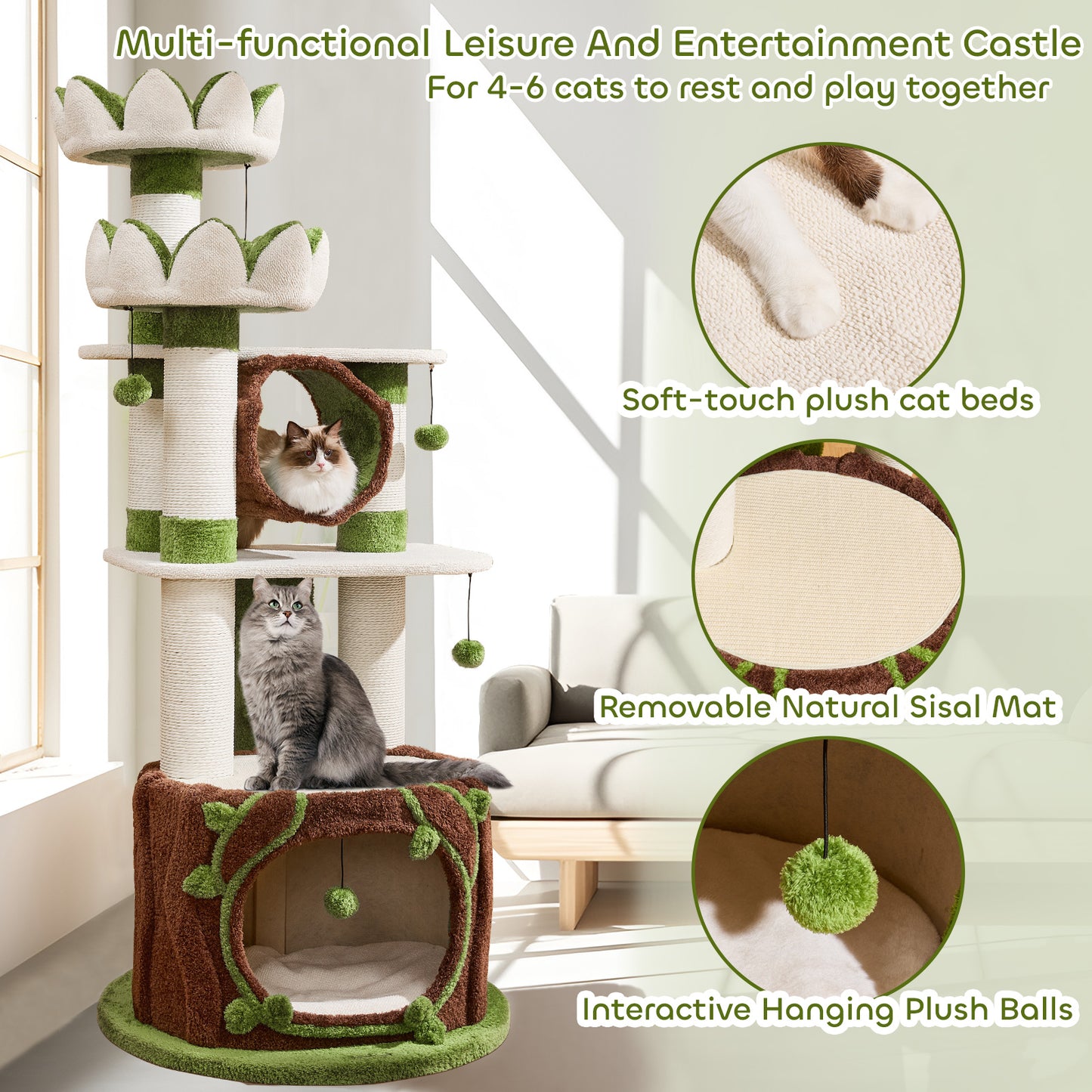 73" Deluxe Lotus Cat Tree for Indoor Adult Cats up to 20 lbs, XXL Heavy Duty Base Cat Furniture with Large Apartment, Bed, Tunnel, Scratching Post, Large Platform