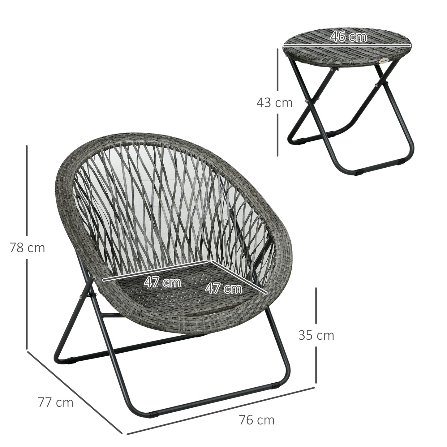 Folding garden furniture balcony set with coffee table and 2 chairs, including cushions, steel grey, for terrace and garden