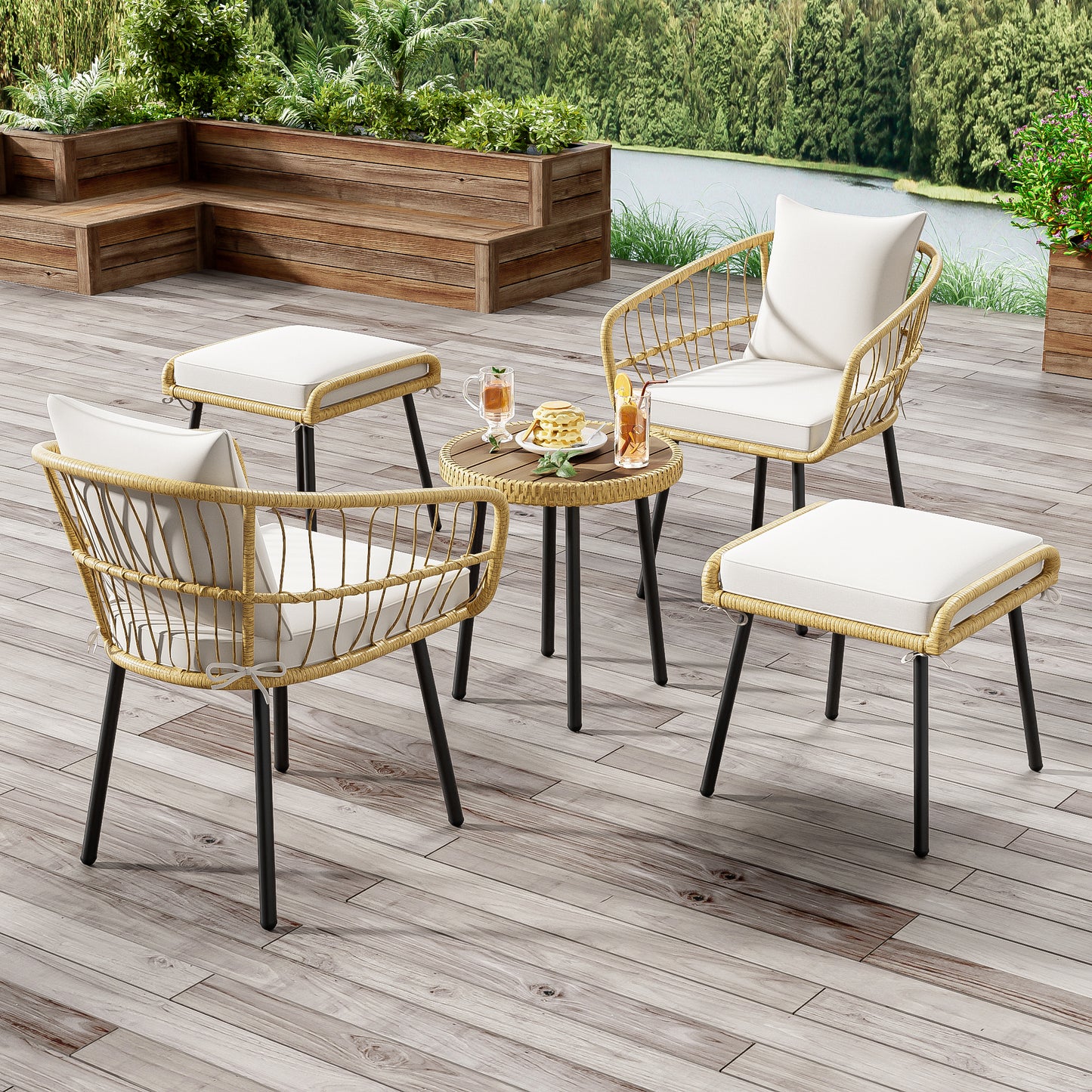 5-piece garden lounge set, including 1 dining table, 2 chairs, 2 stools, furniture, rattan, natural