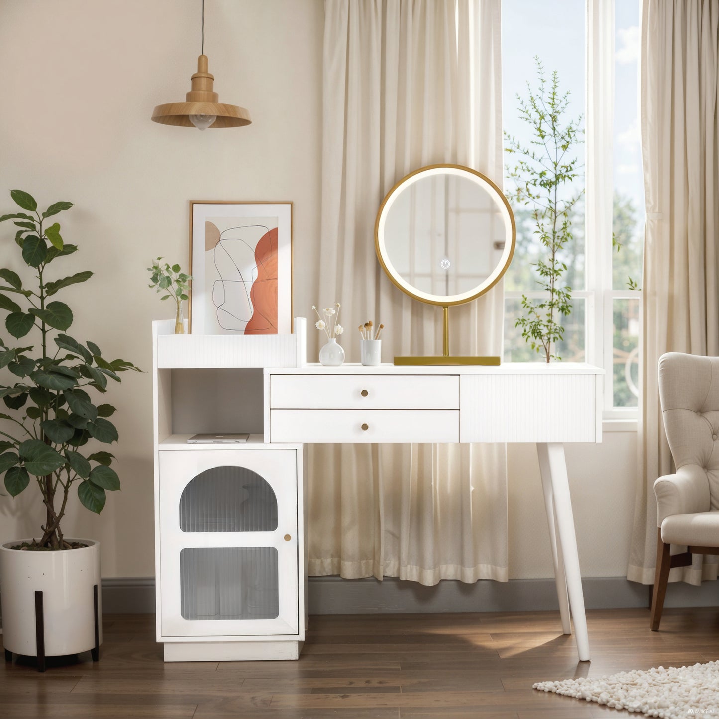 Elegant Vanity Table Set with 3-Color LED Mirror, 3-Drawer Wooden Dressing Table - 120x90x40 cm