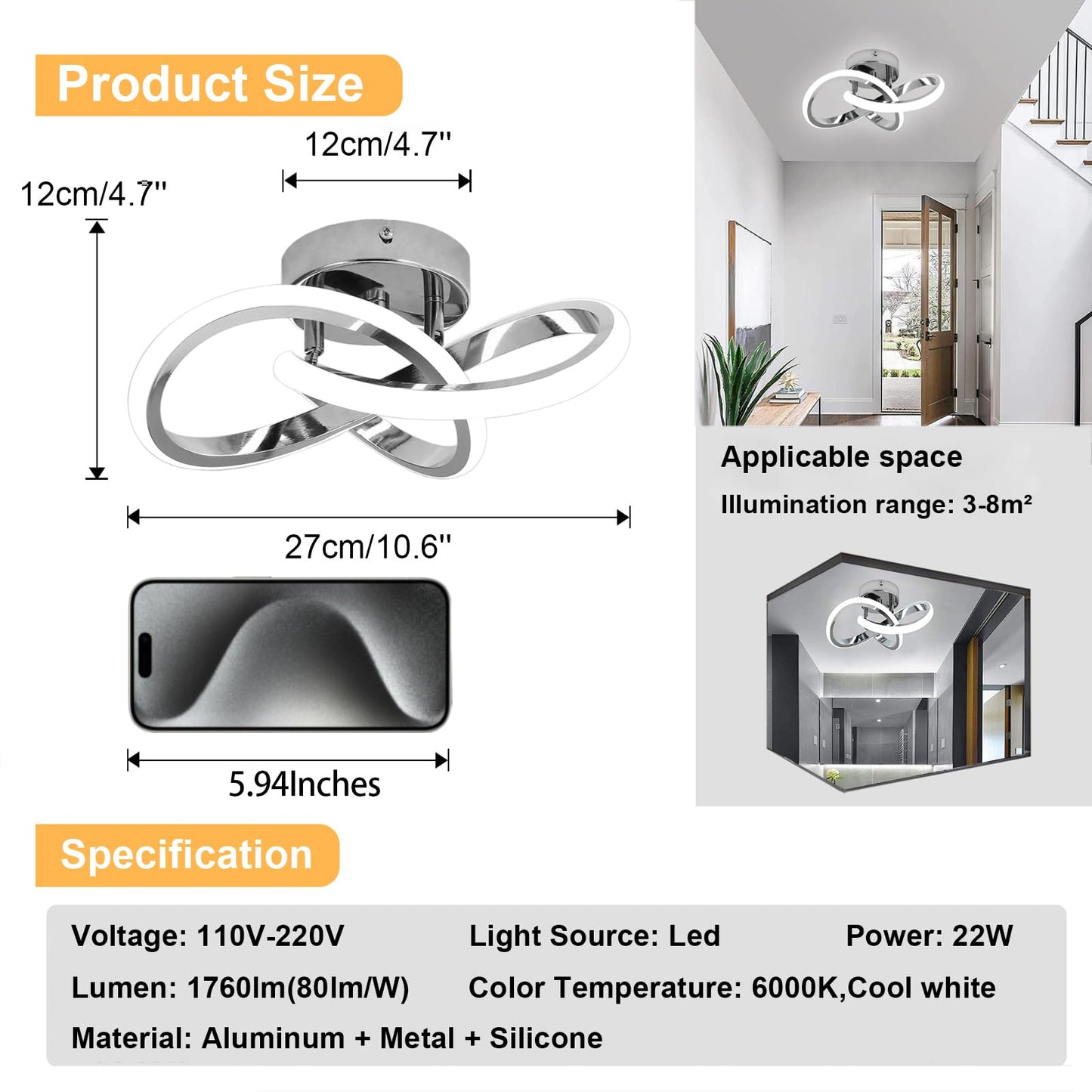 (Y)Hallway Light Acrylic Modern LED Ceiling Light Fixture Cool White 6000K Near Ceiling Light For Bedroom Bathroom Kitchen Balcony Corridor Stairway Aisle Light Curved Creative Design Ceiling Lights