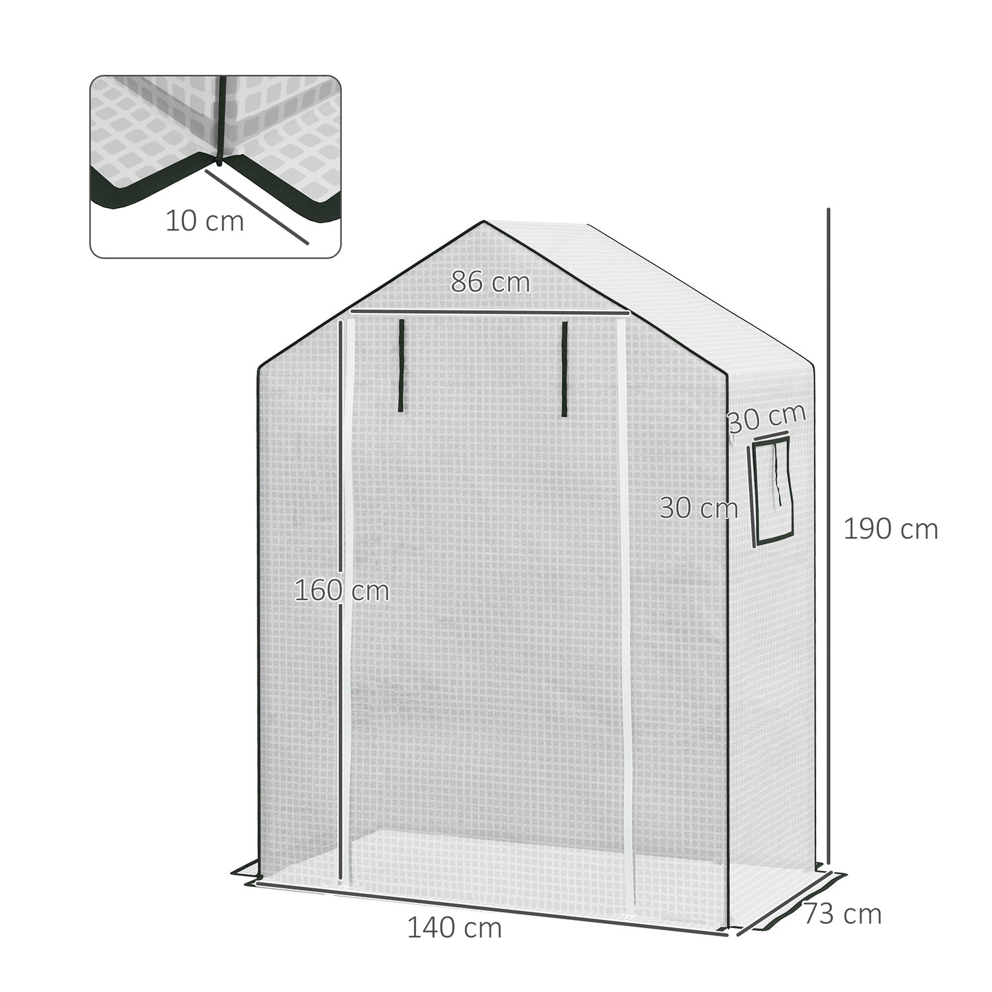 PE film replacement cover, with UV protection, roller shutter door, side windows, tomato house, 140 x 73 x 190 cm, white