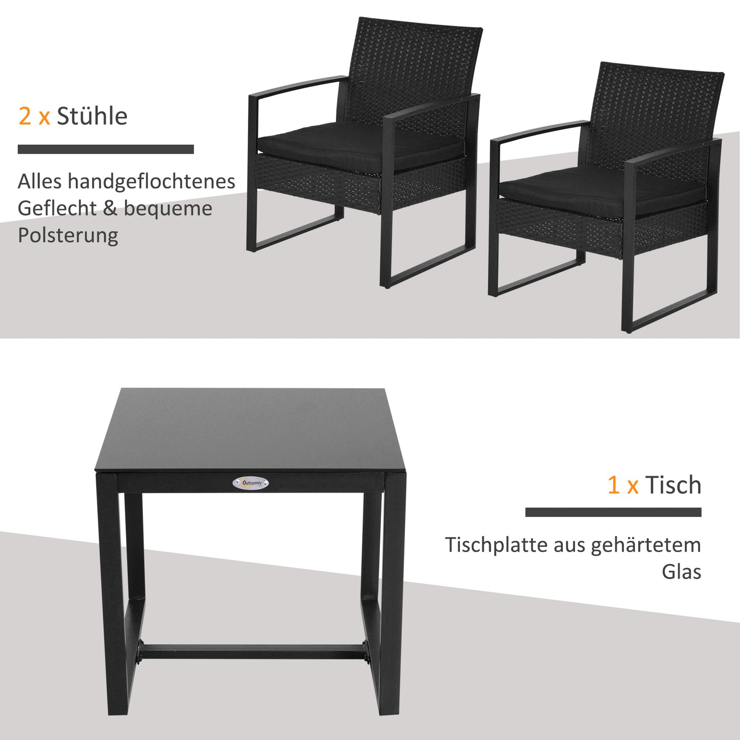 Polyrattan garden set, balcony furniture set with cushions, black, weatherproof, contemporary style, for patio and garden
