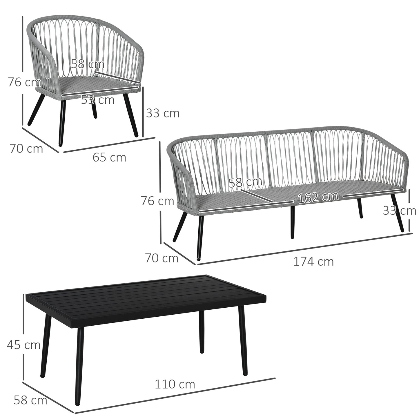 Poly rattan garden furniture set for 5 people, seating group with cushions, aluminium frame, grey, perfect for terraces and balconies