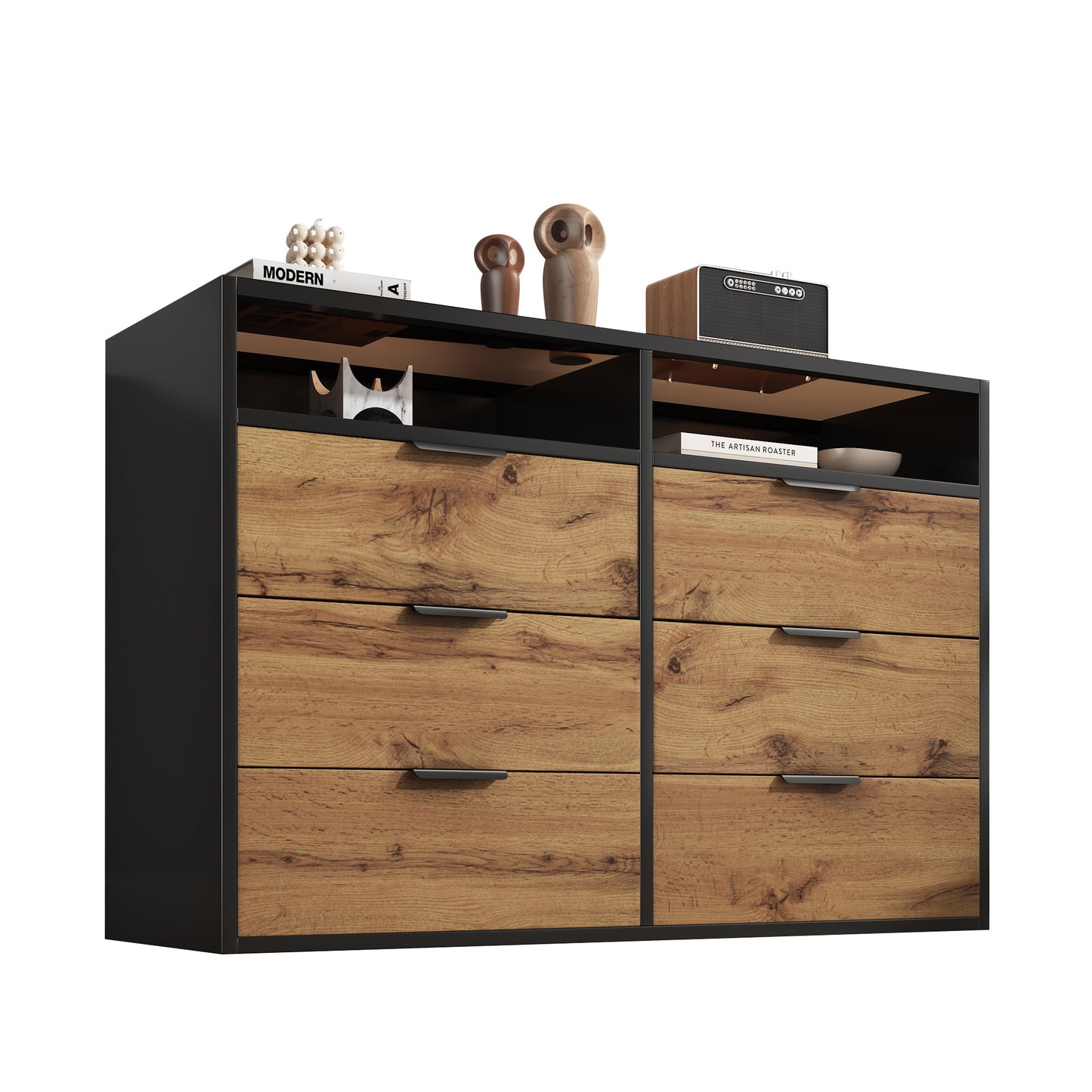 Amber Glass Metal Handle Sideboard-6 Drawers, 2 Compartments, Oak Finish
