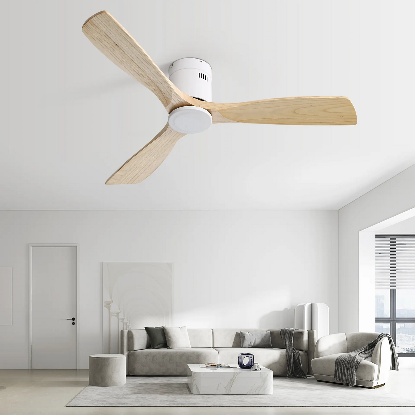 52" Natural Wood Ceiling Fan with 3 Wood Solid Blades, Reversible DC Motor, Remote Control for Living Room