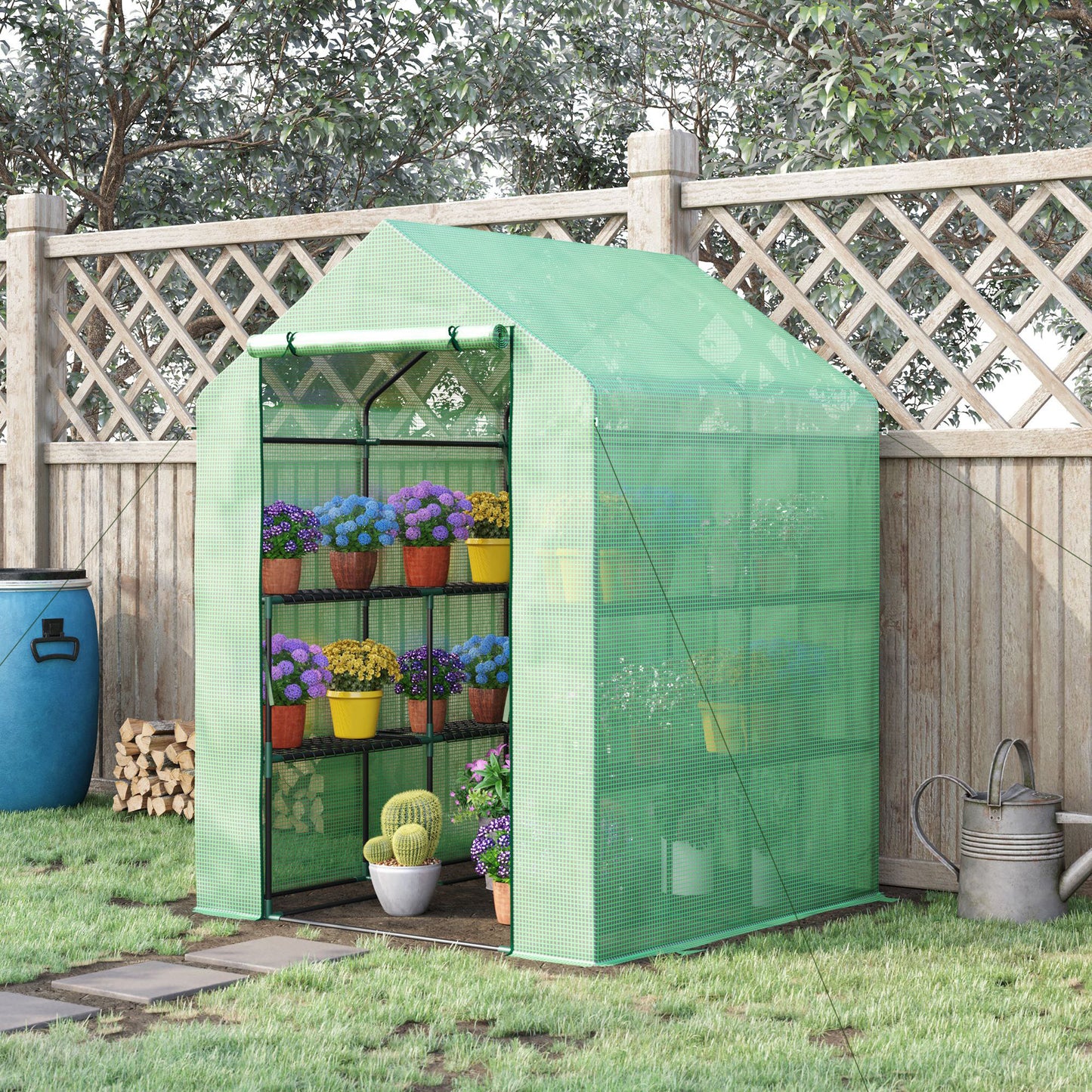 Walk-in greenhouse with 8 shelves for tomatoes, steel & PE plastic, green, with door for optimal plant care