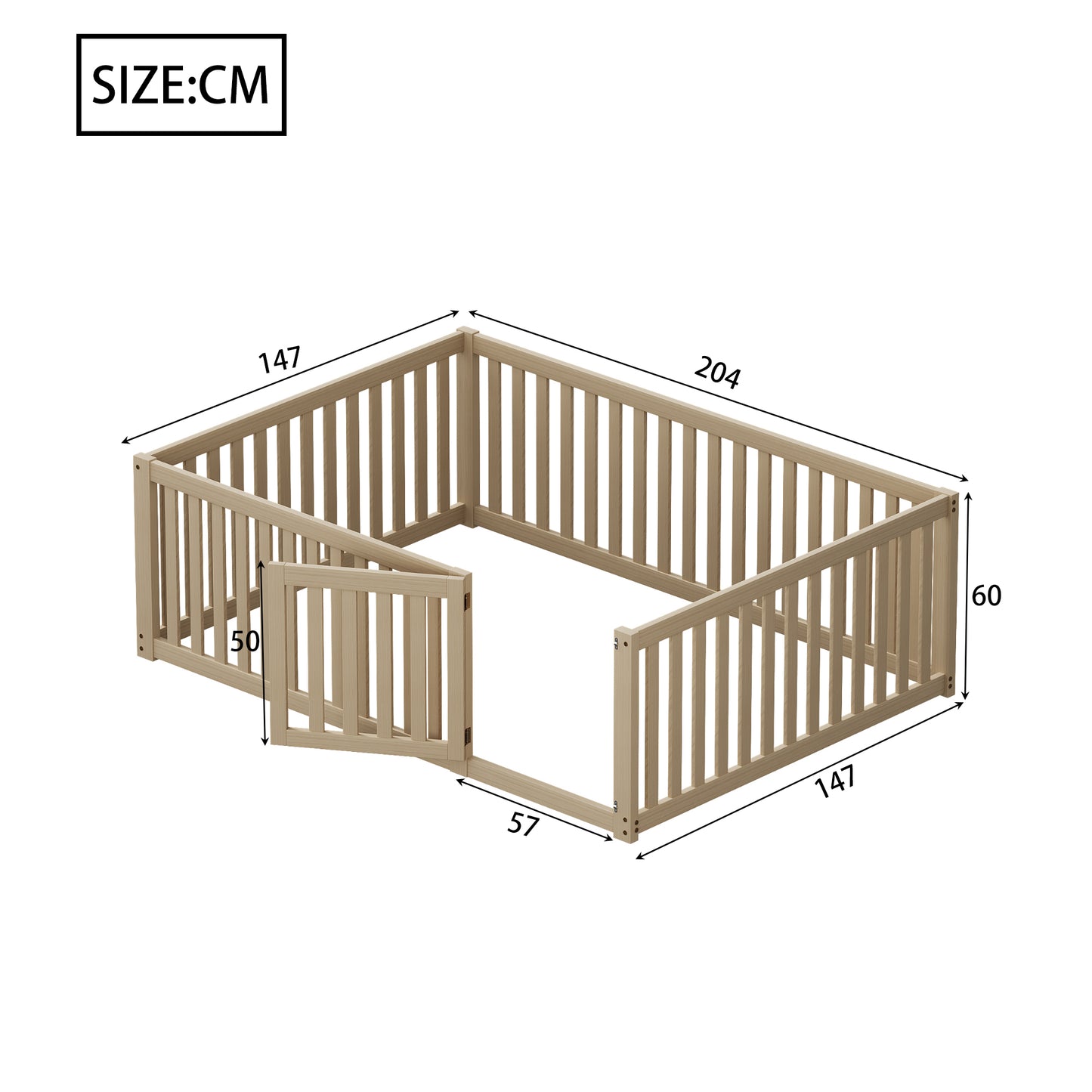 Wooden Floor Bed Frame for Children - 140 x 200 cm with Fence and Door