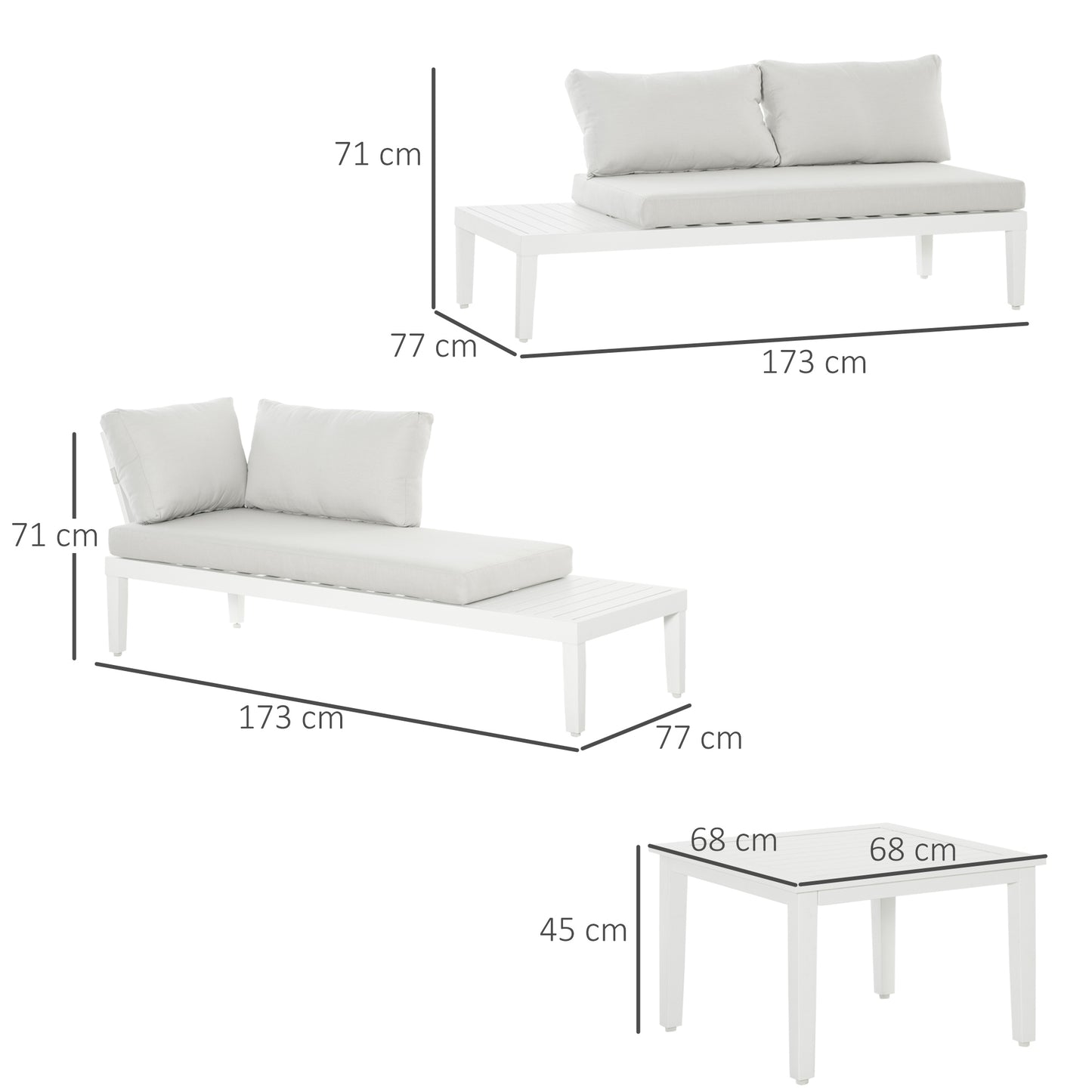 Three-piece L-shaped garden furniture set with side table and cushions, cream white aluminium, for balconies and terraces