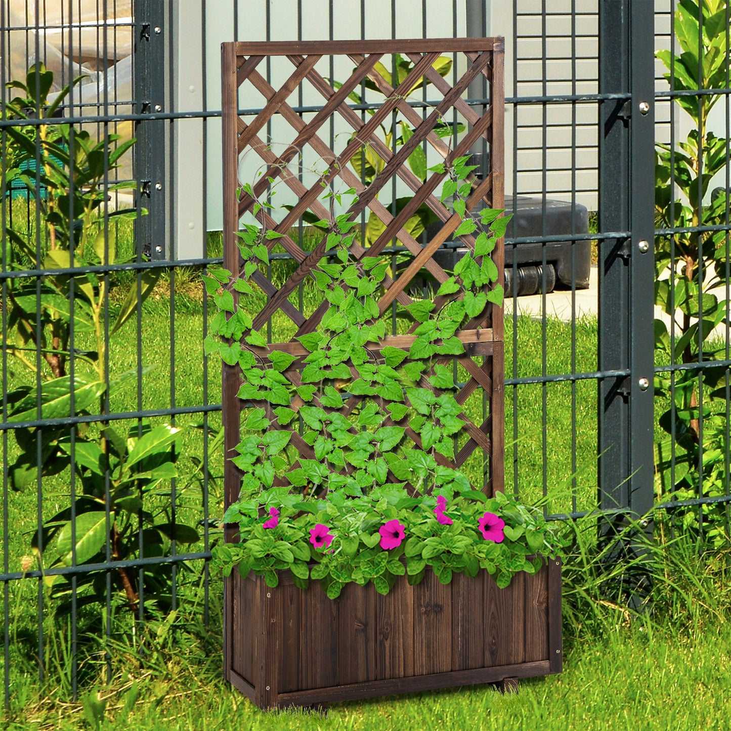 The raised bed comes with a wooden trellis flower box and measures 72.5x31.5x149.5 cm, perfect for climbing plants and roses in the garden