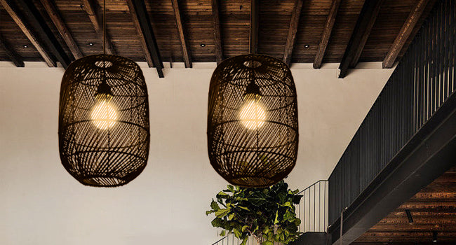 (Q)11.8 Inch Black Rattan Hand Woven Pendant Light, Bohemian Style Rattan Woven Pendant Light, Suitable for Bedrooms, Living Rooms, Kitchens