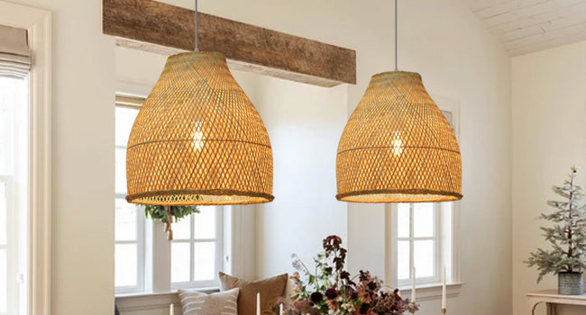 (Q)Handmade Woven Bamboo Pendant Light,Bohemian Style Cage Lampshade Pendant Light, Suitable for Restaurants,Bedrooms, Farmhouses