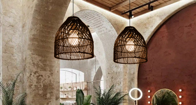 (Q)Handcrafted Rattan Decorative Pendant Light, Modern Industrial Style Black Rattan Pendant Light, Suitable for Restaurant Kitchen Islands