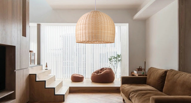 (Q)18 Inch Handmade Pendant Light, Bohemian Style Dome Shaped Lampshade Rattan Pendant Light, Suitable for Dining Rooms, Bedrooms, Living Rooms