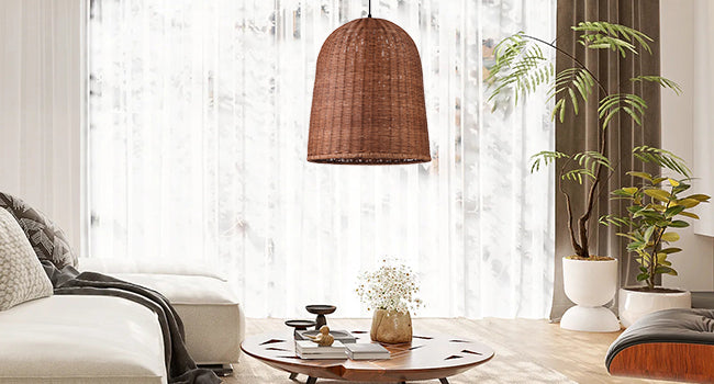 (Q)Hand Woven Brown Rattan Pendant Light, Vintage Style Rattan Basket Rattan Woven Pendant Light, Suitable For Dining And Living Rooms