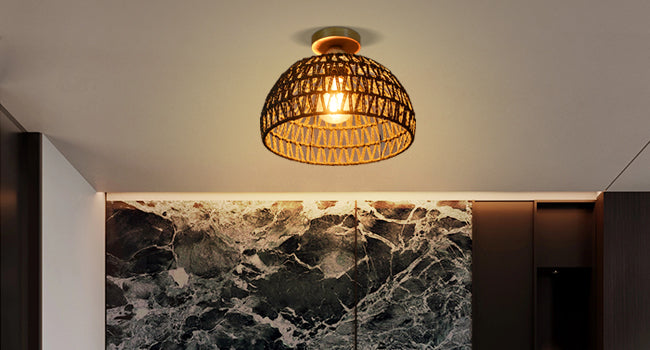 (Q)Black Hemp Rope Rattan Ceiling Light,Bohemian Style Rattan Ceiling Light,Suitable for Kitchen Islands,Corridors,Living Rooms,Bedrooms