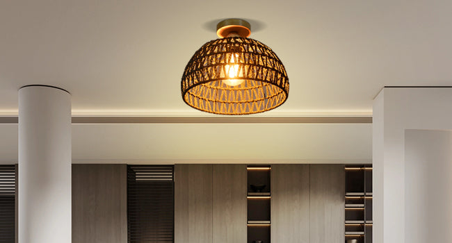 (Q)Black Hemp Rope Rattan Ceiling Light,Bohemian Style Rattan Ceiling Light,Suitable for Kitchen Islands,Corridors,Living Rooms,Bedrooms