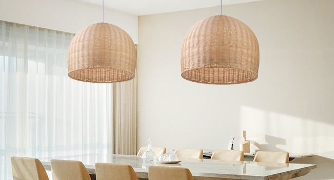 (Q)18 Inch Handmade Pendant Light, Bohemian Style Dome Shaped Lampshade Rattan Pendant Light, Suitable for Dining Rooms, Bedrooms, Living Rooms