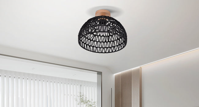 (Q)Black Hemp Rope Rattan Ceiling Light,Bohemian Style Rattan Ceiling Light,Suitable for Kitchen Islands,Corridors,Living Rooms,Bedrooms