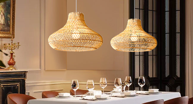 (Q) 15.75-Inch Handmade Rattan Pendant Light, Bohemian Style Tapered Lampshade Rattan Woven Pendant Light, Suitable For Living Room, Kitchen