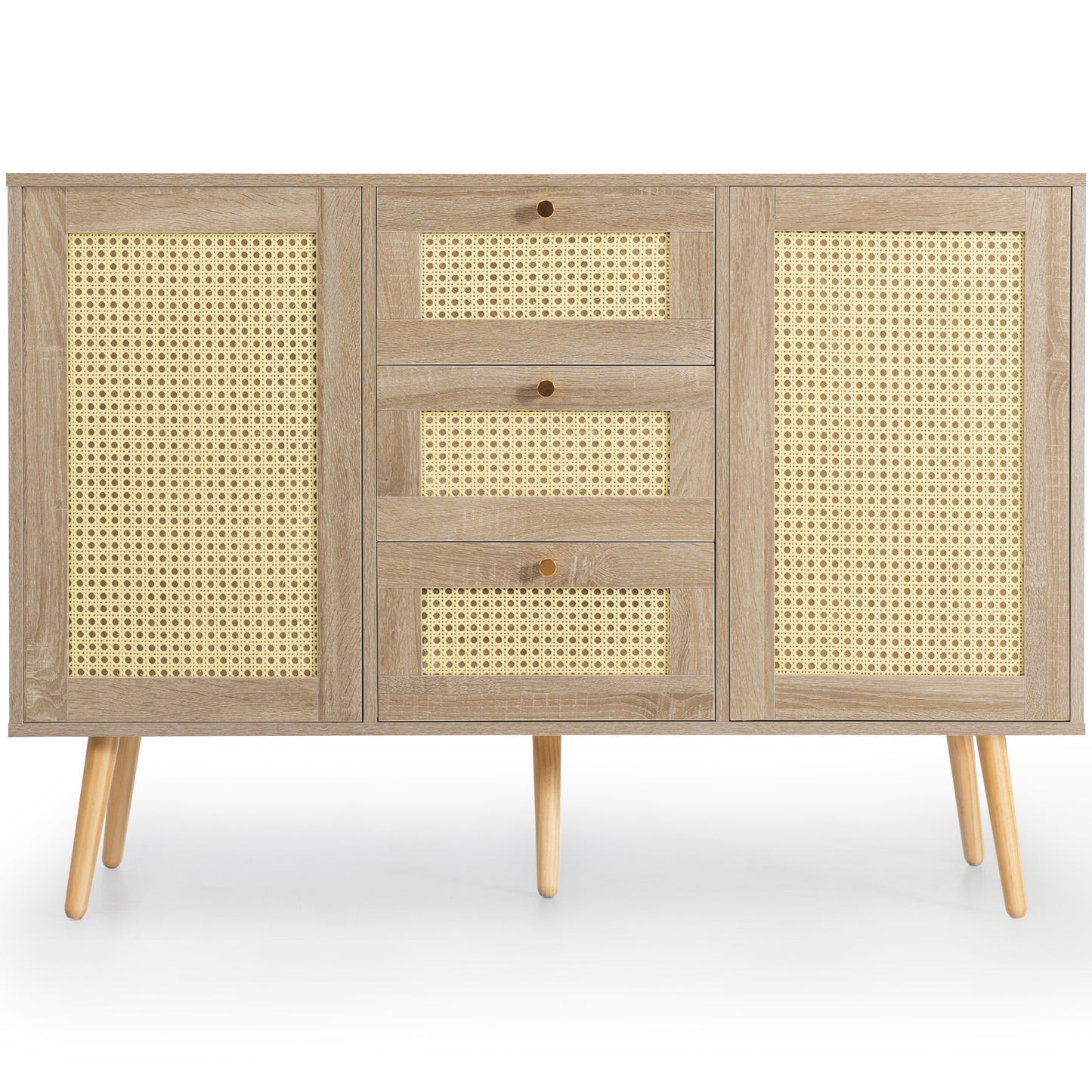 (Z)Rattan Sonoma oak chest of drawers with 2 doors 3 drawers,adjustable shelf,solid wood feet