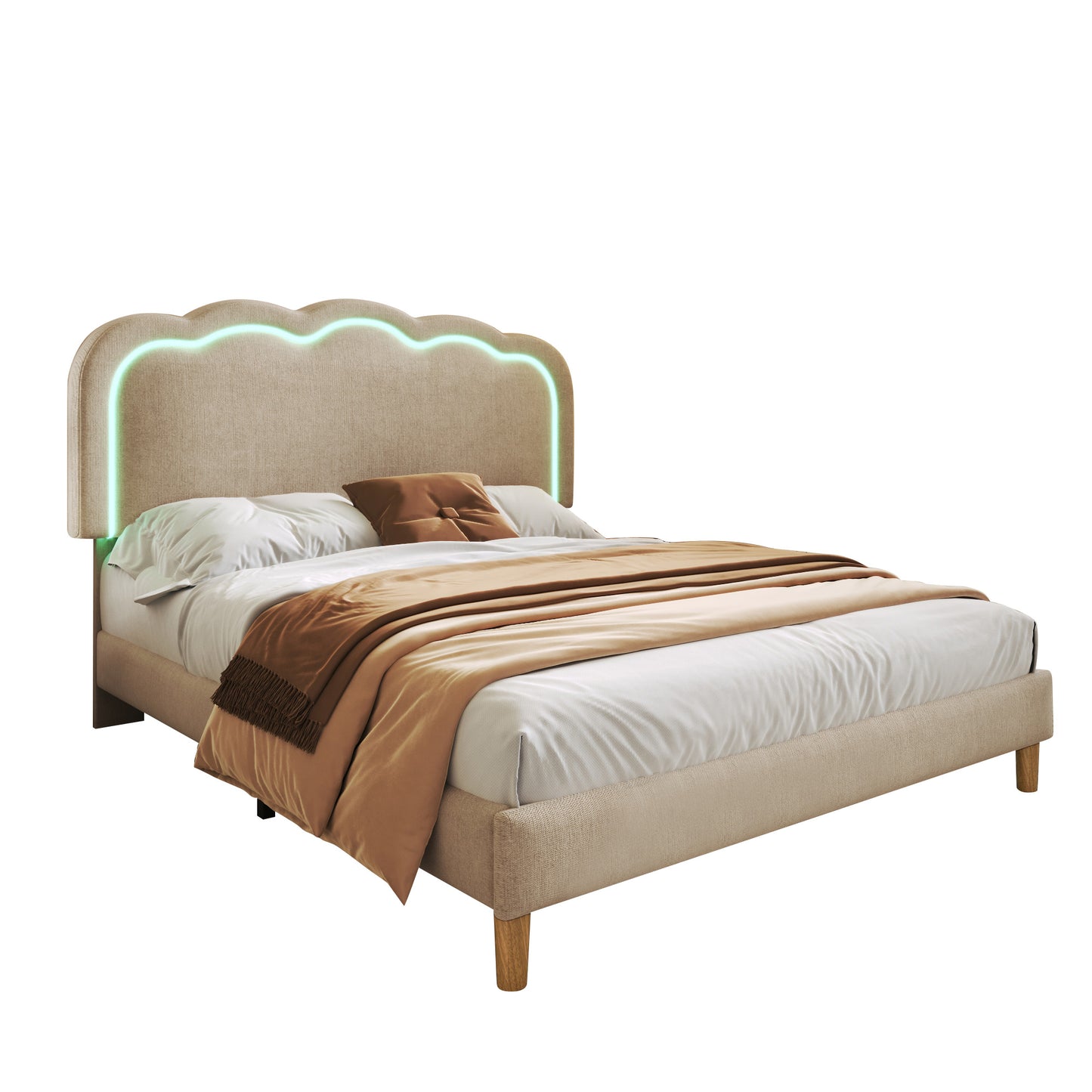(Z)LED Double Bed 140x200cm Adjustable Headboard Beige Linen Bed Frame
