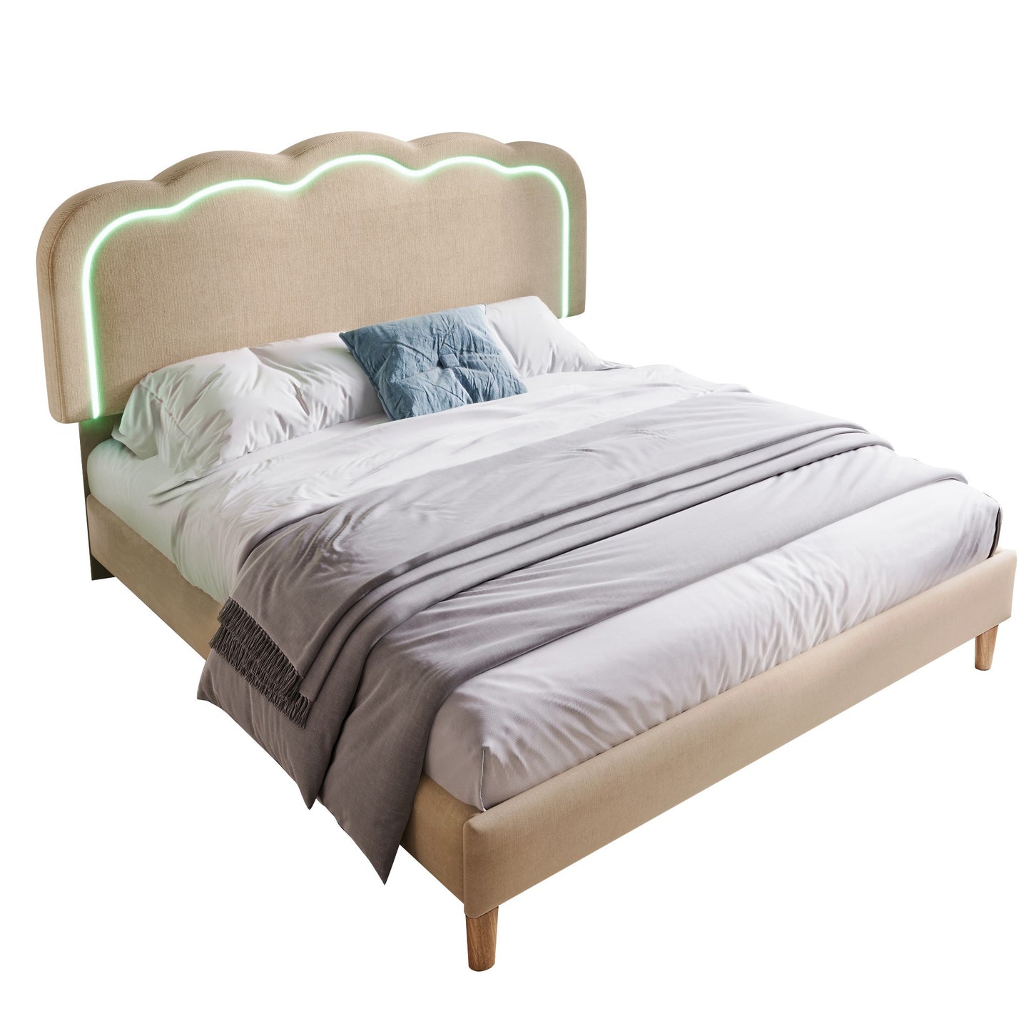 (Z)LED Double Bed 140x200cm Adjustable Headboard Beige Linen Bed Frame