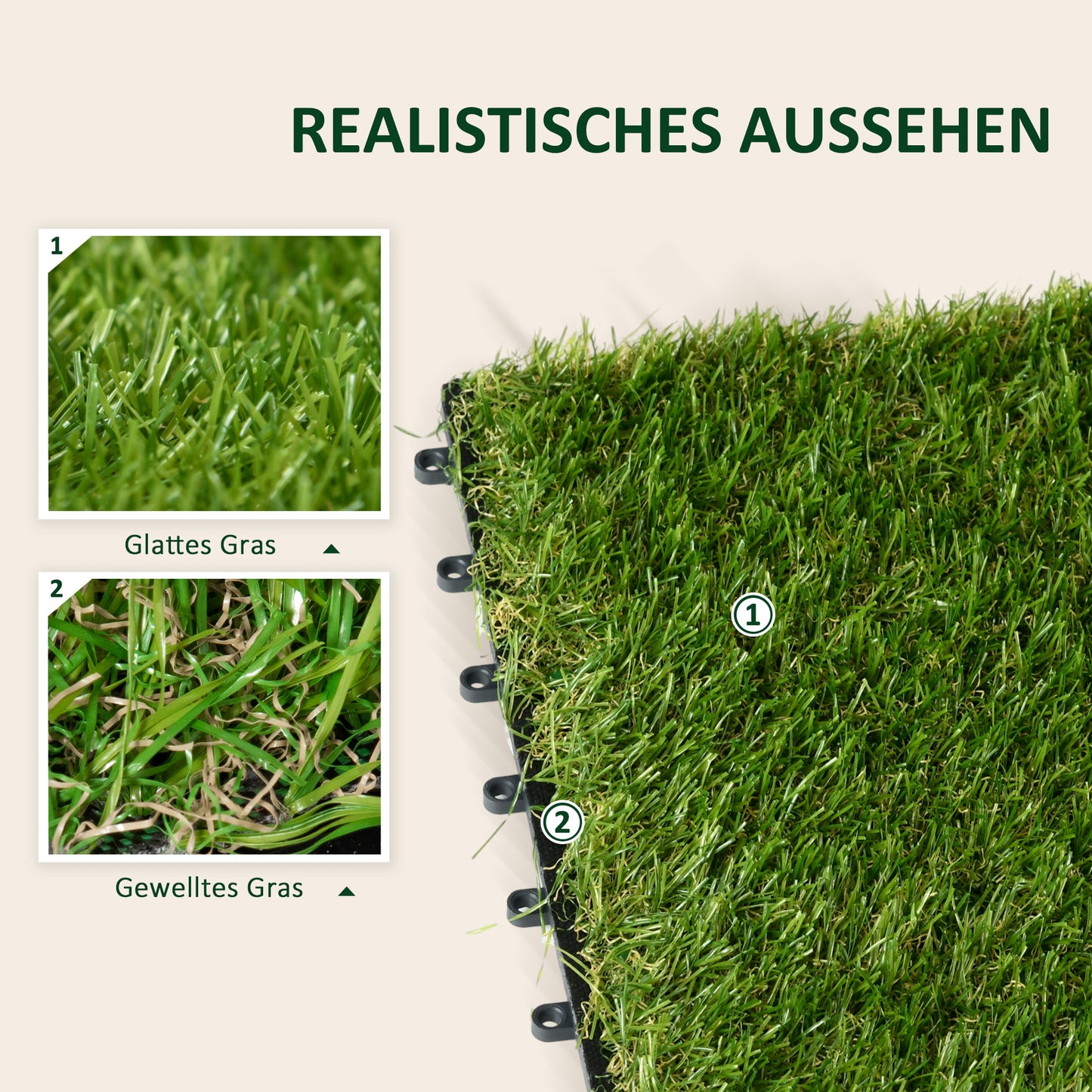 Artificial grass 10 pieces lawn carpet 30 x 30 cm 25 mm dark green for balcony garden, durable & easy to care, artificial lawn made of plastic