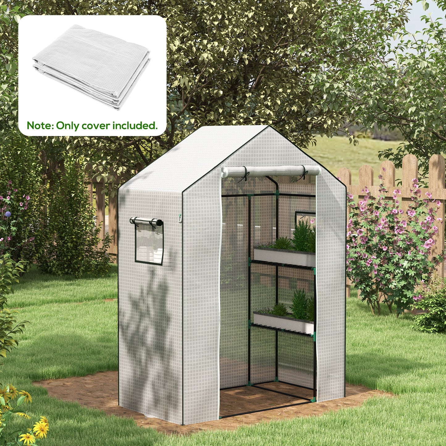 PE film replacement cover, with UV protection, roller shutter door, side windows, tomato house, 140 x 73 x 190 cm, white