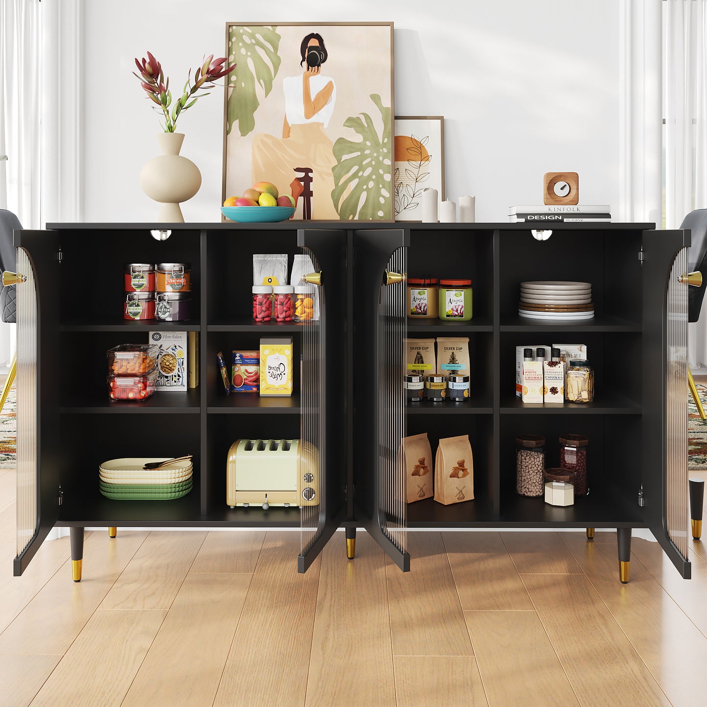 Modern and Simple Black Sideboard with Changhong Glass Door (140 x 40 x 85 cm)