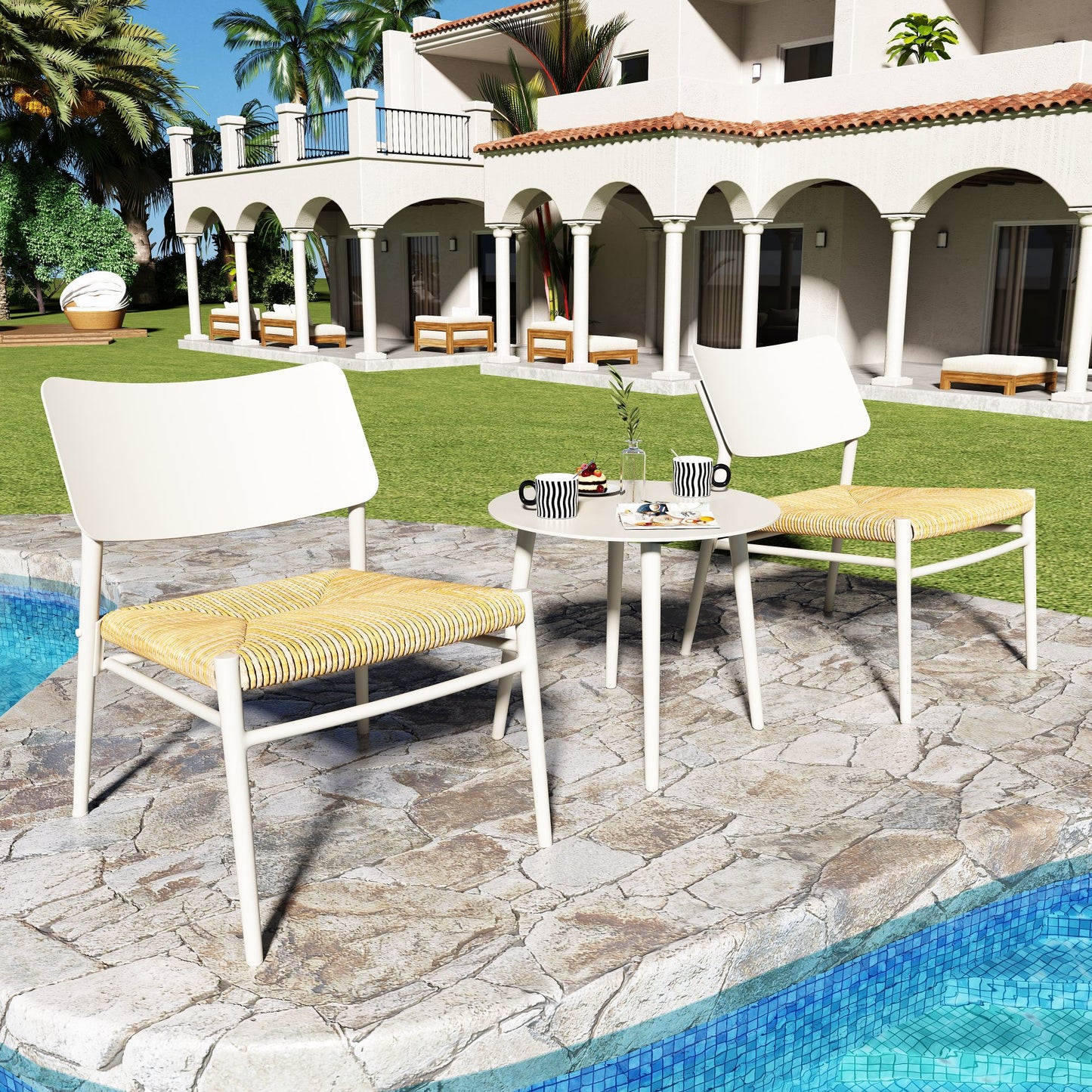 Beige 3-Piece Bistro Set with Aluminium Frame & PE Rattan, 150kg Load Capacity for Patio Use