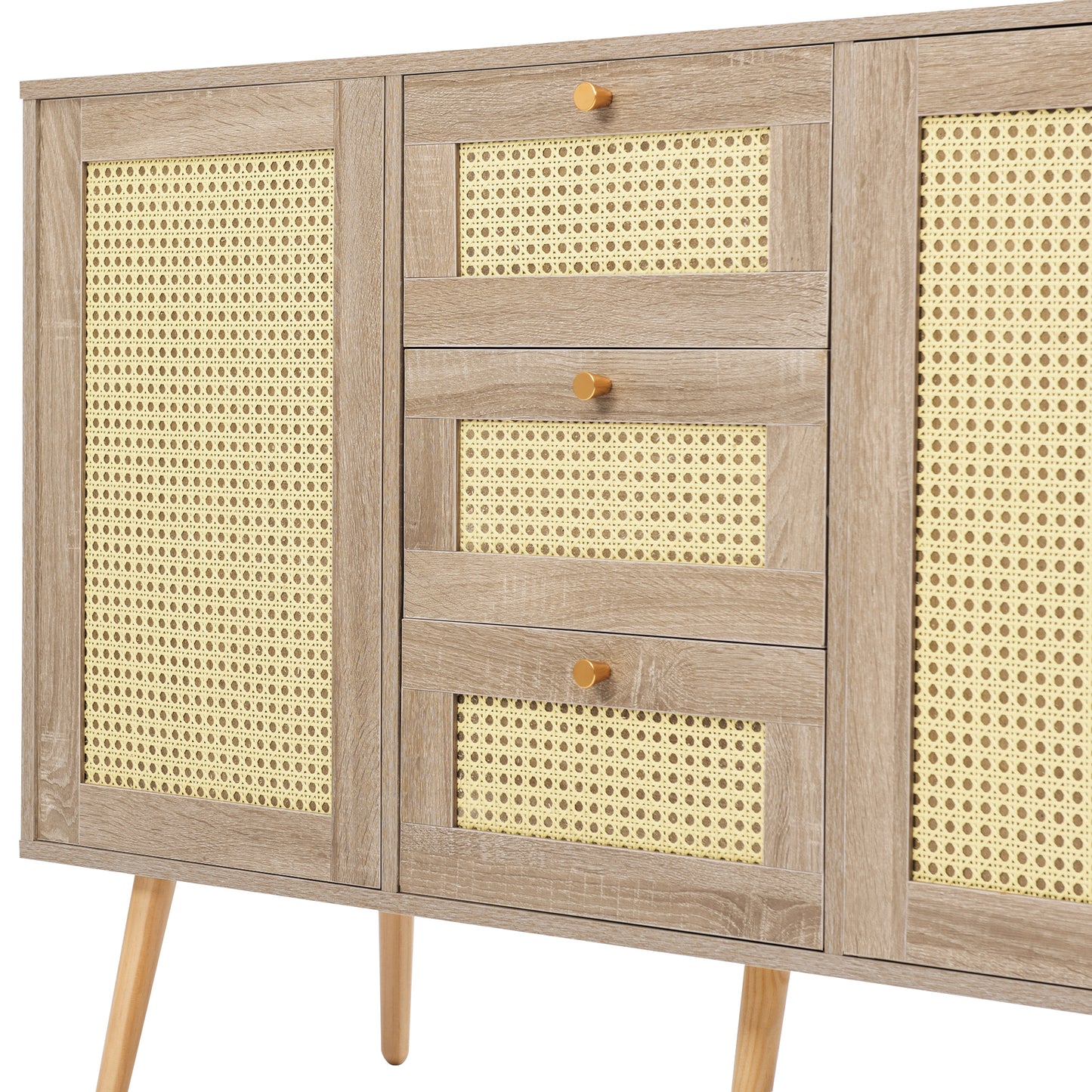 (Z)Rattan Sonoma oak chest of drawers with 2 doors 3 drawers,adjustable shelf,solid wood feet