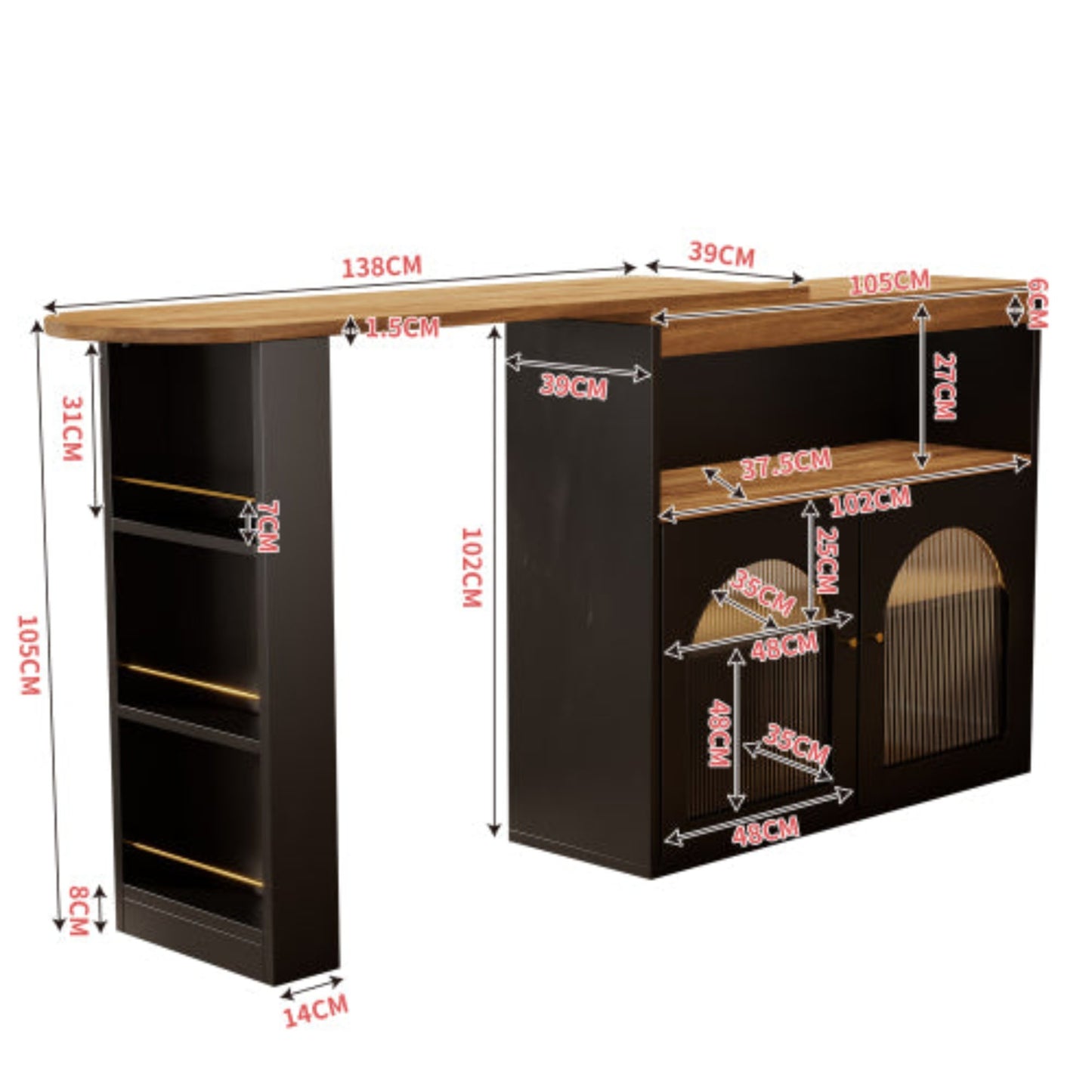 Black Modern Extendable Bar Table-Storage, Rotatable, LED Light, Dining,138-193x39x105cm