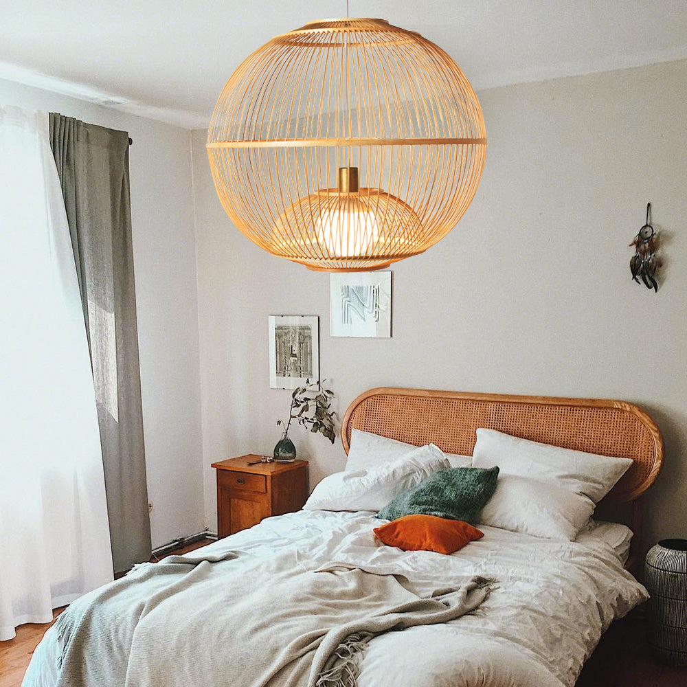 (M)Bamboo Pendant Ligting Globe Shade Ceiling Hanging Light E27 Sigle for Restaurant Home 1 Light