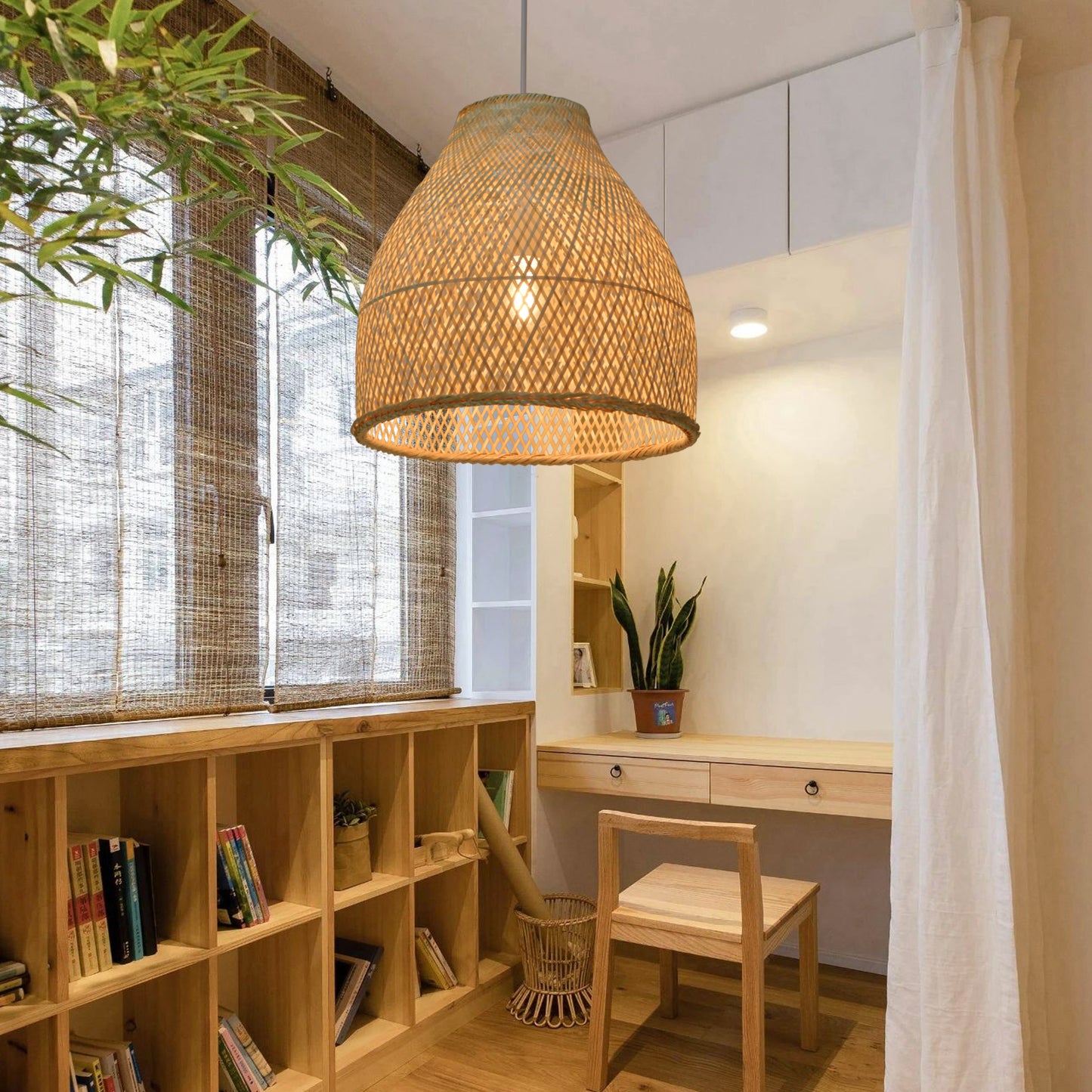 (Q)Handmade Woven Bamboo Pendant Light,Bohemian Style Cage Lampshade Pendant Light, Suitable for Restaurants,Bedrooms, Farmhouses